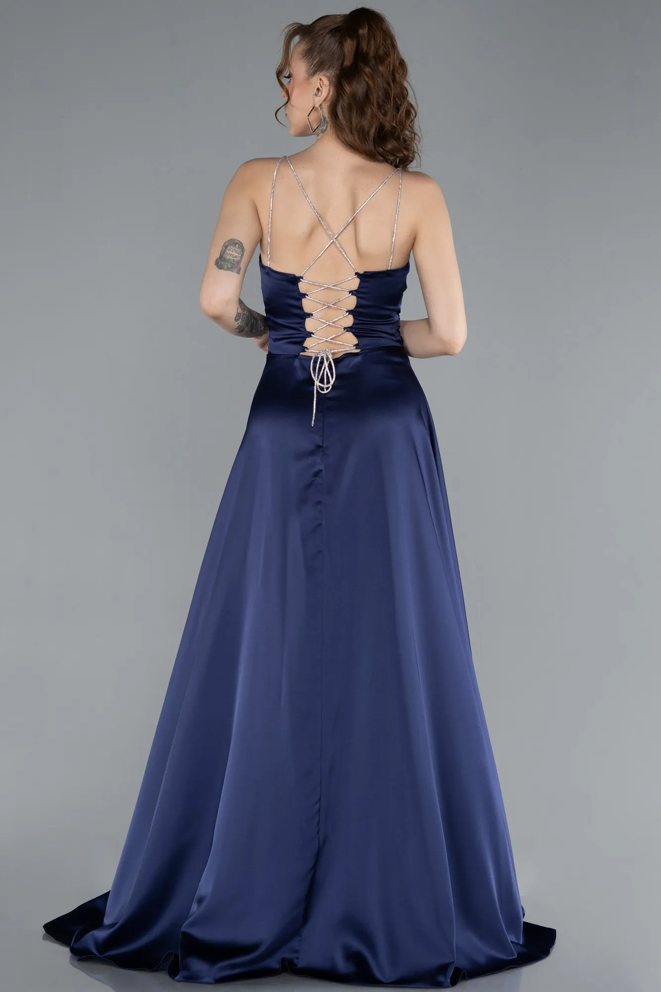 Navy Blue-Low Cut Back Long Satin Prom Dress ABU4702