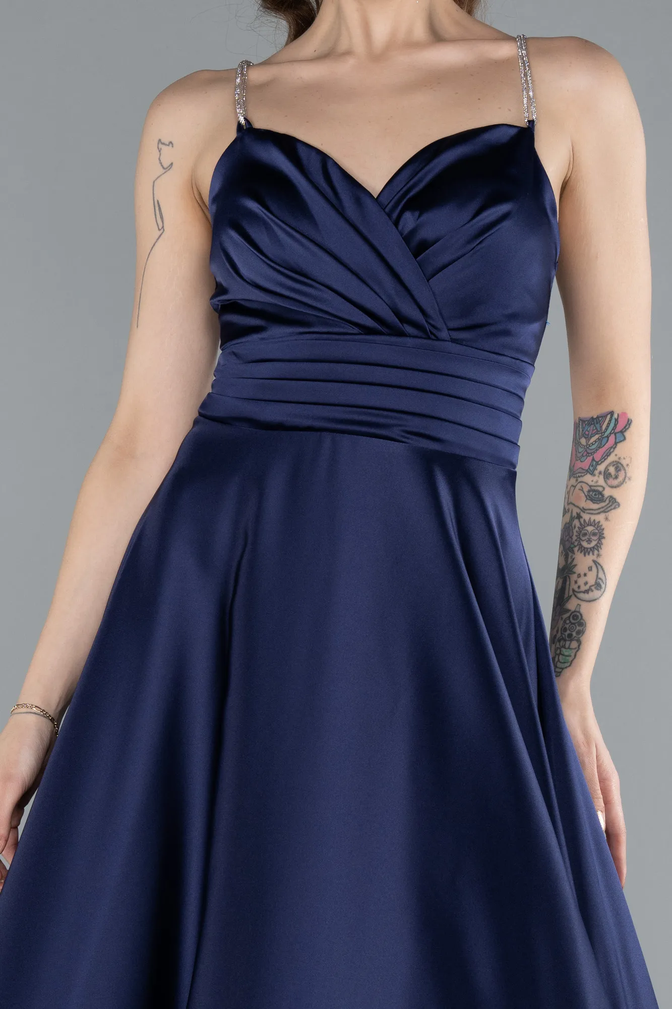 Navy Blue-Low Cut Back Long Satin Prom Dress ABU4702