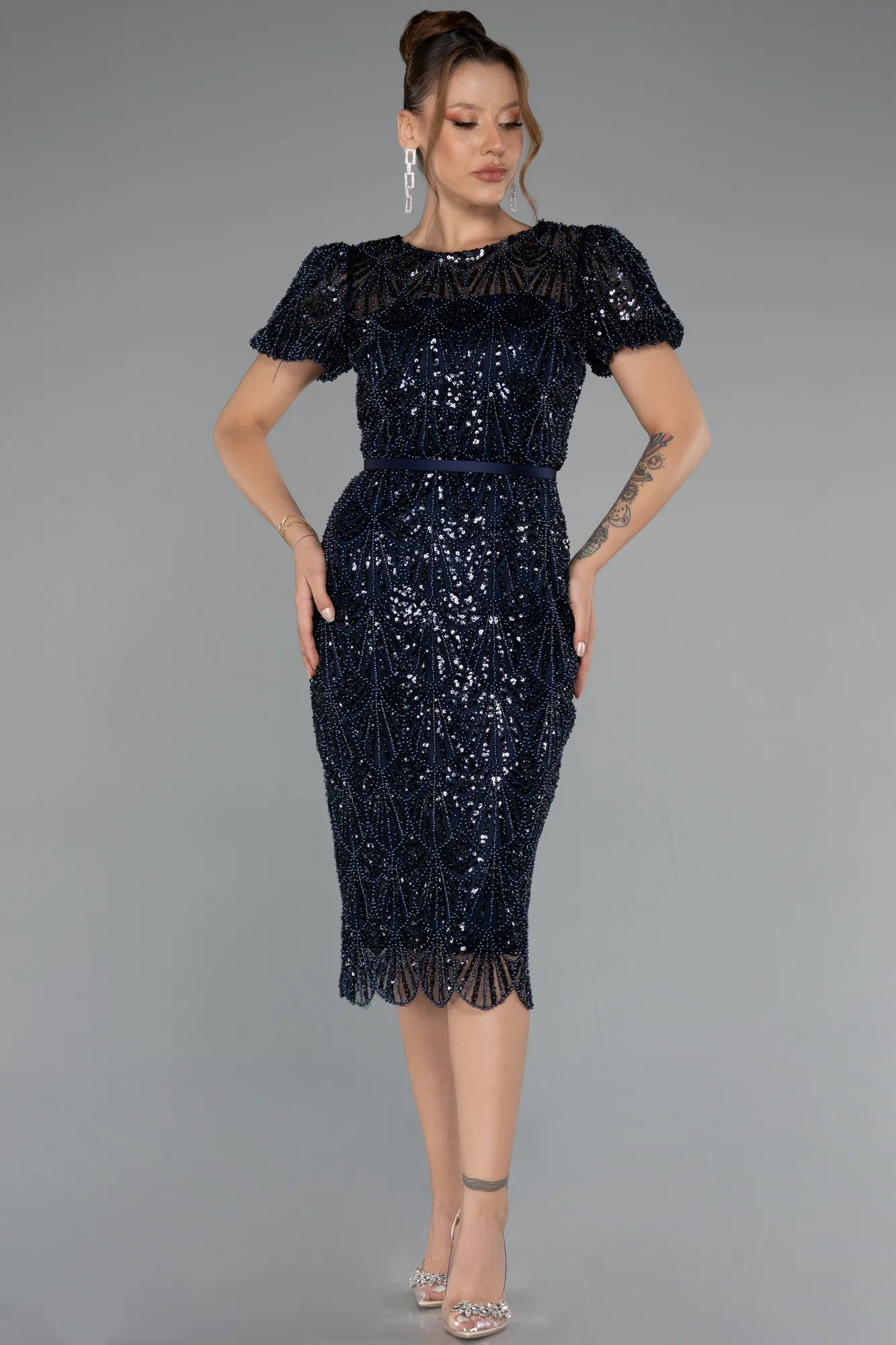 Navy Blue-Midi Beaded Cocktail Dress ABK2412