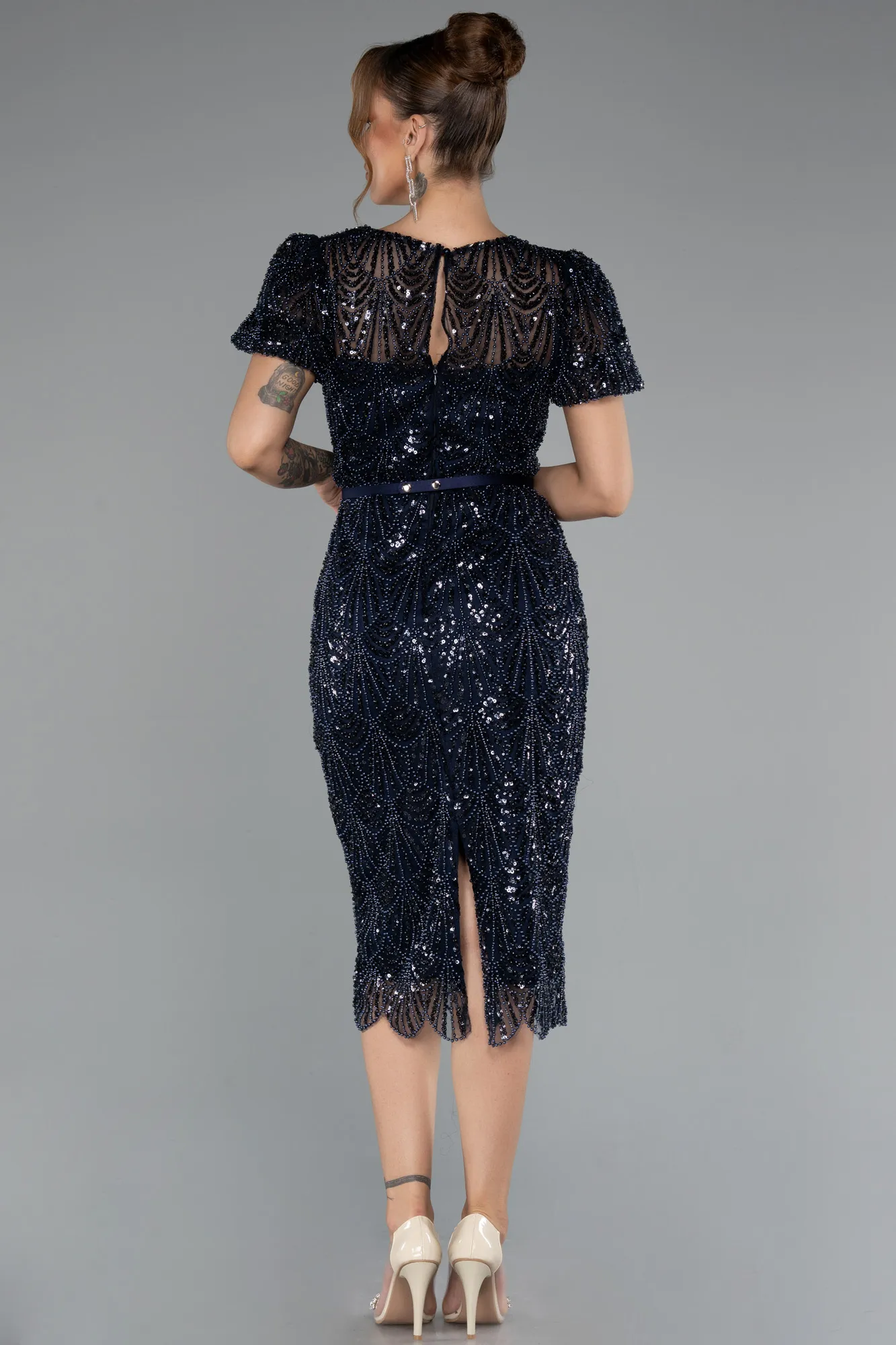 Navy Blue-Midi Beaded Cocktail Dress ABK2412