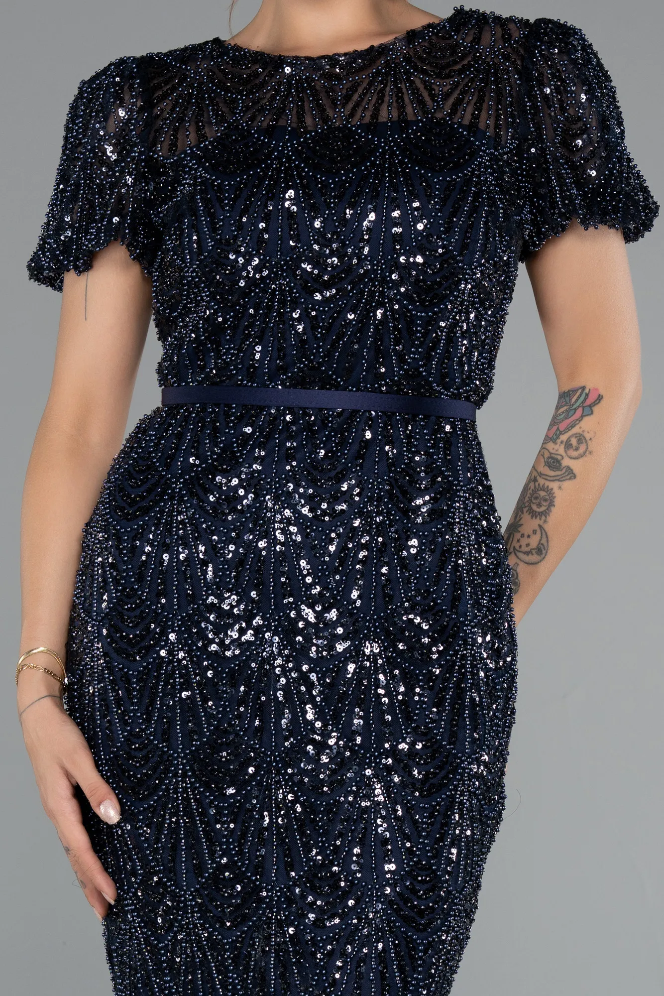 Navy Blue-Midi Beaded Cocktail Dress ABK2412