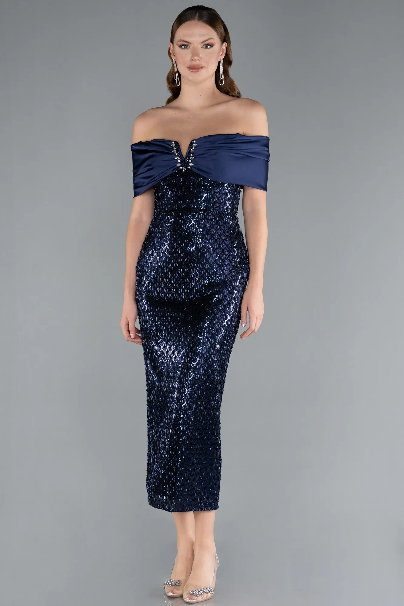 Navy Blue-Midi Beaded Party Dress ABK2336