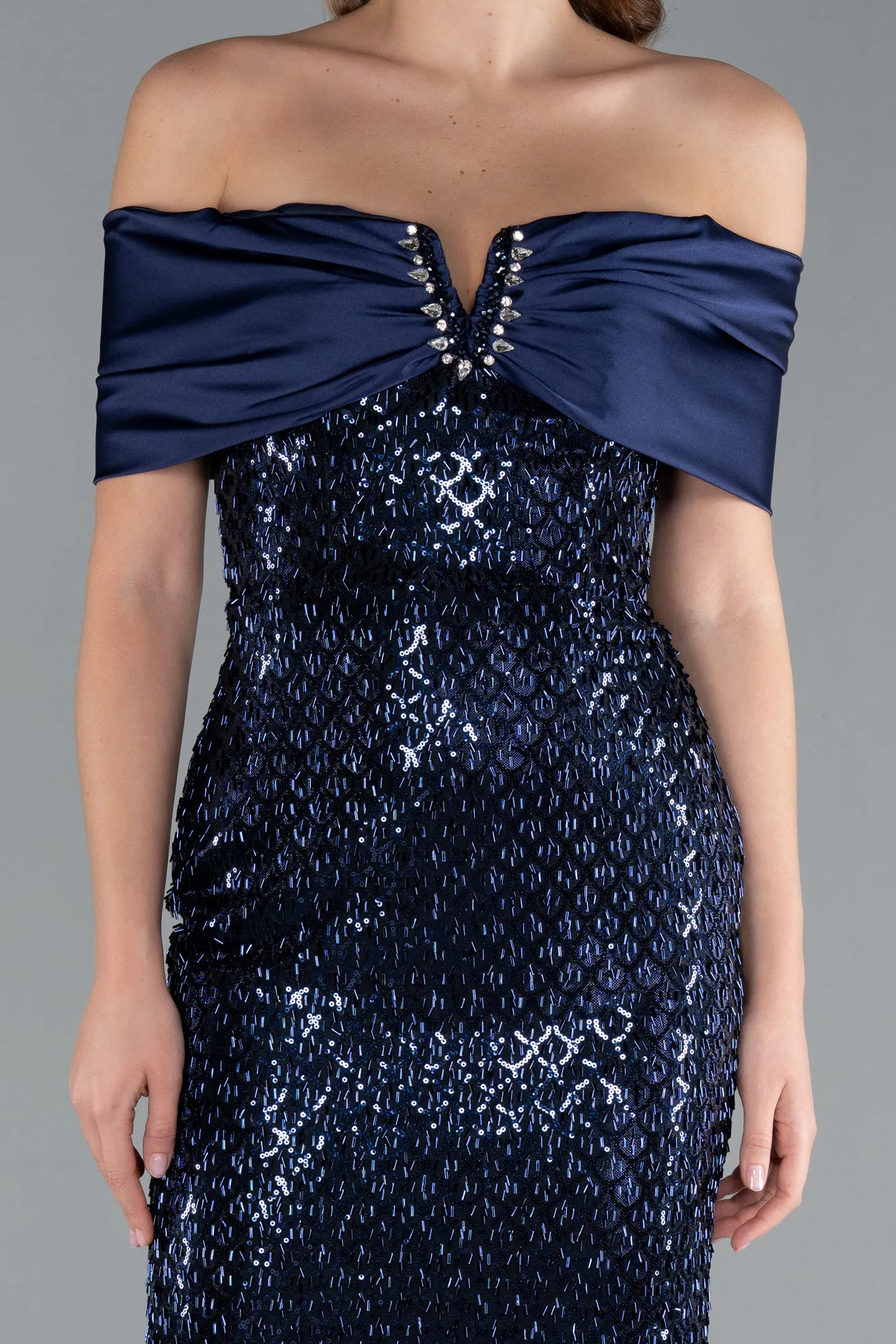 Navy Blue-Midi Beaded Party Dress ABK2336