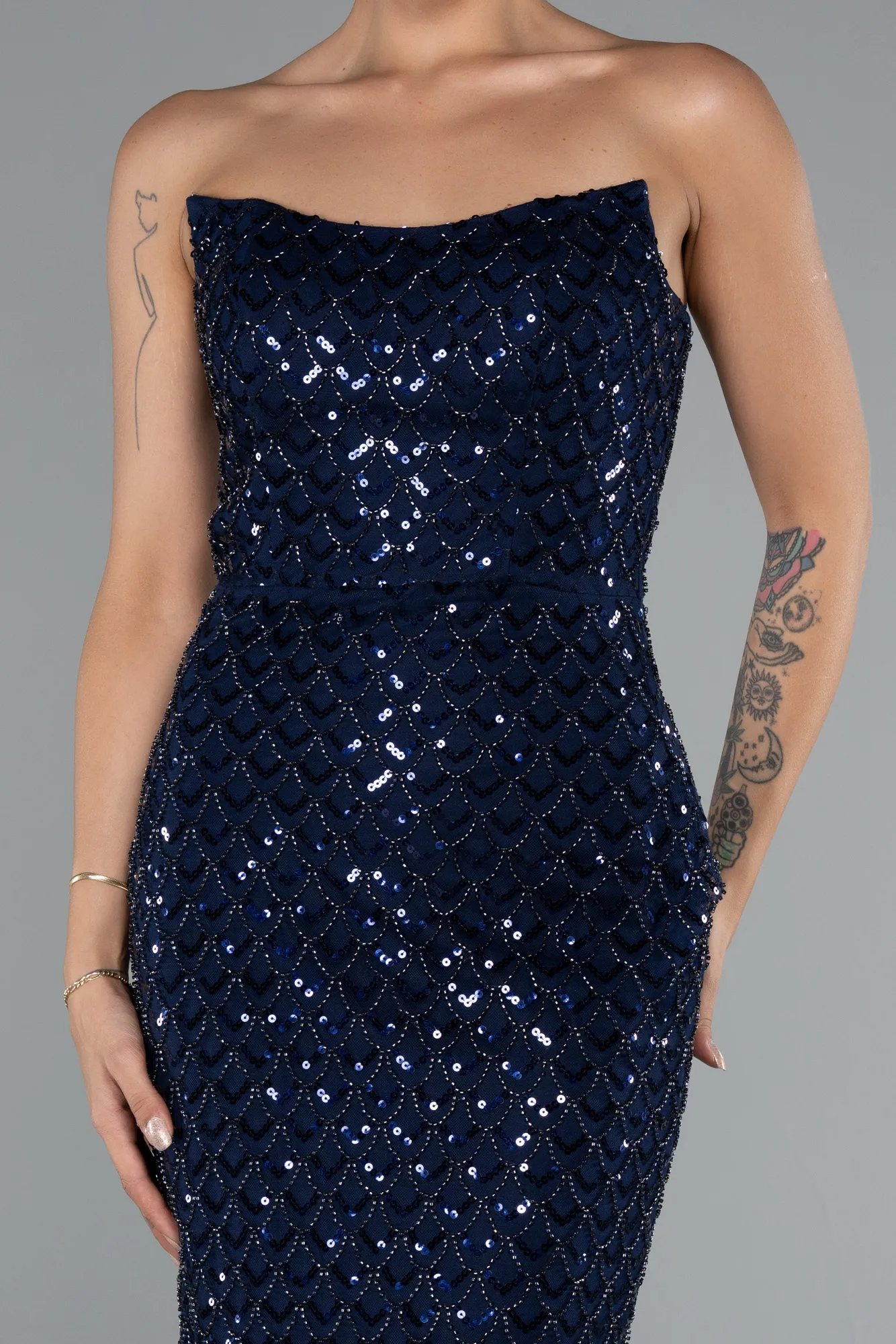Navy Blue-Midi Beaded Party Dress ABK2398