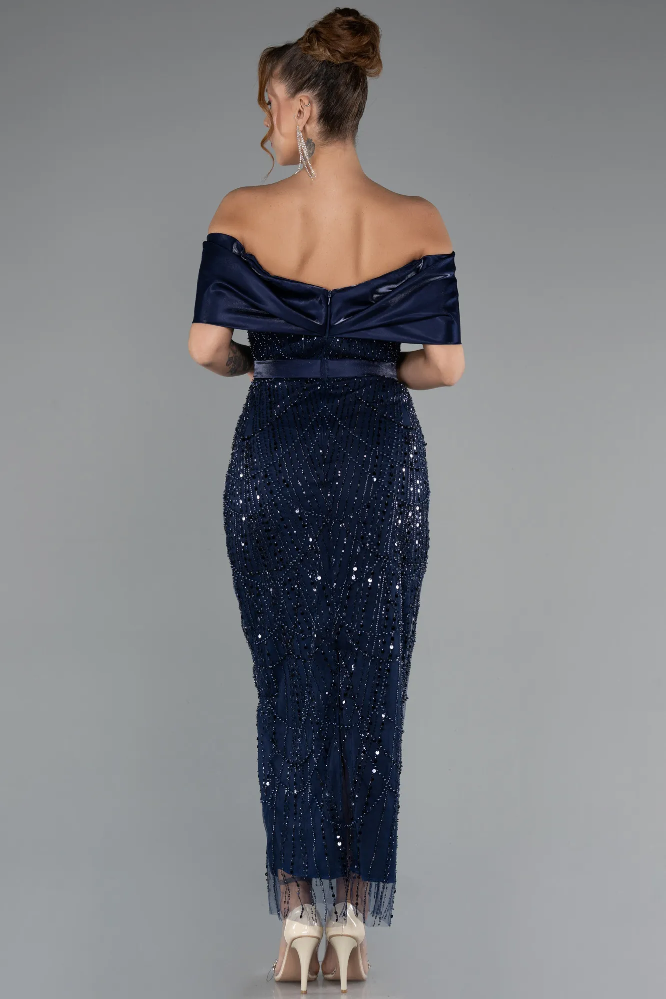 Navy Blue-Midi Beaded Party Dress ABK2453