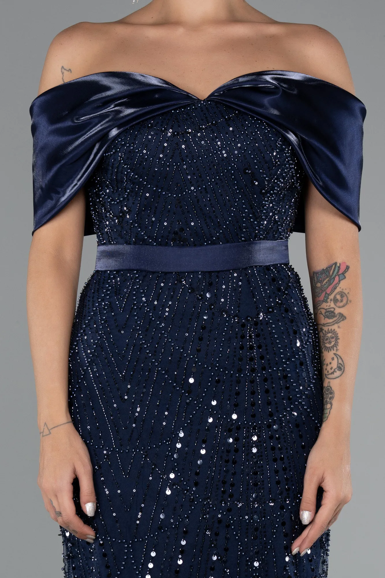 Navy Blue-Midi Beaded Party Dress ABK2453