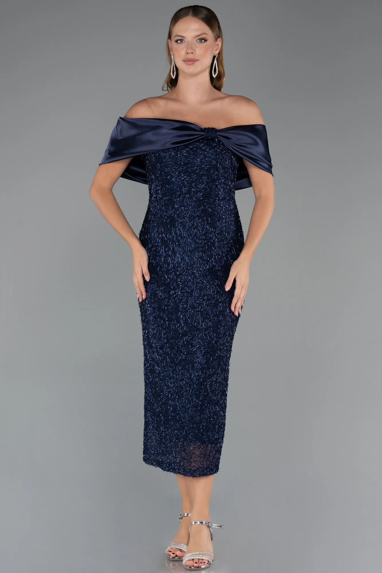Navy Blue-Midi Beaded Party Dress ABK2461