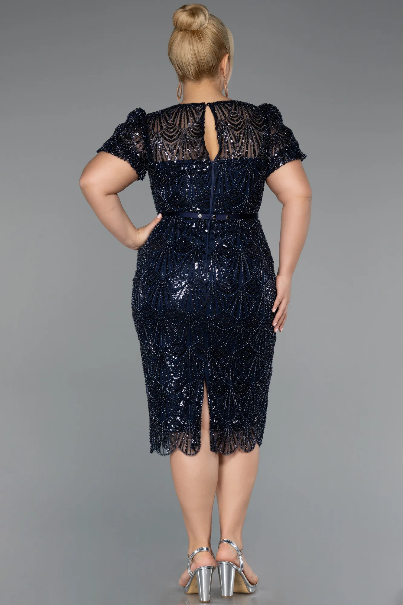 Navy Blue-Midi Beaded Plus Size Cocktail Dress ABK2449