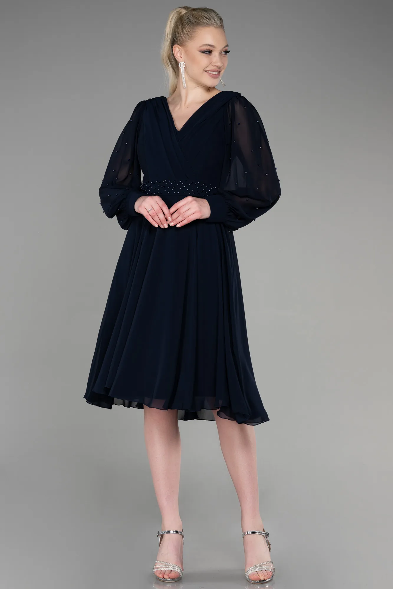Navy Blue-Midi Chiffon Cocktail Dress ABK1959