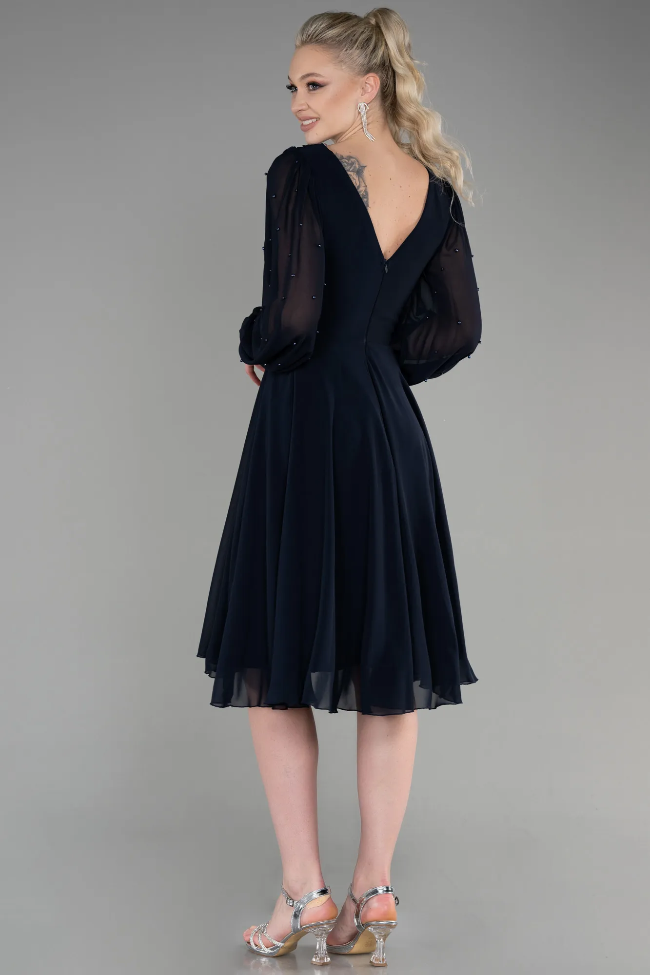 Navy Blue-Midi Chiffon Cocktail Dress ABK1959