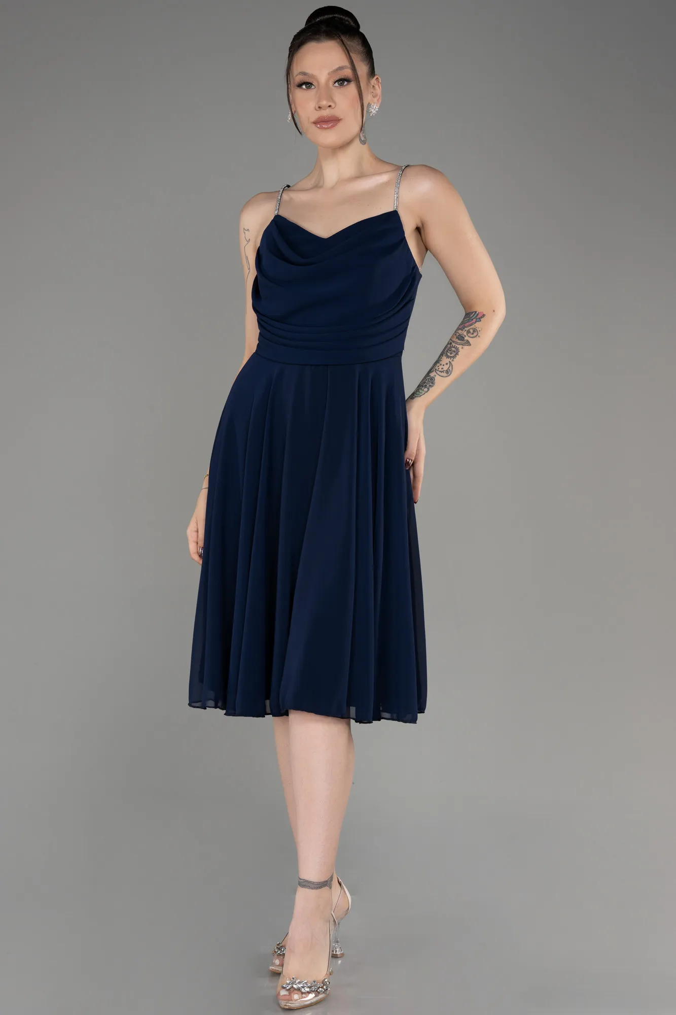 Navy Blue-Midi Chiffon Evening Dress ABK1986