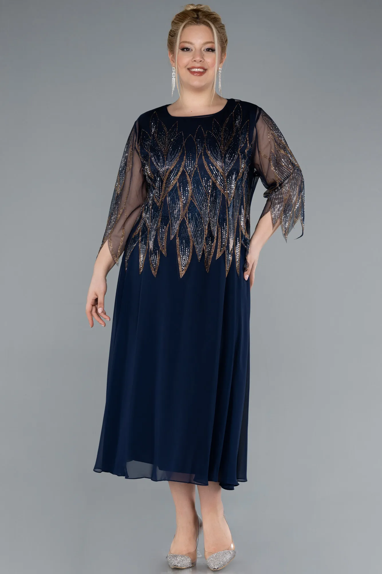 Navy Blue-Midi Chiffon Formal Plus Size Dress ABK2243