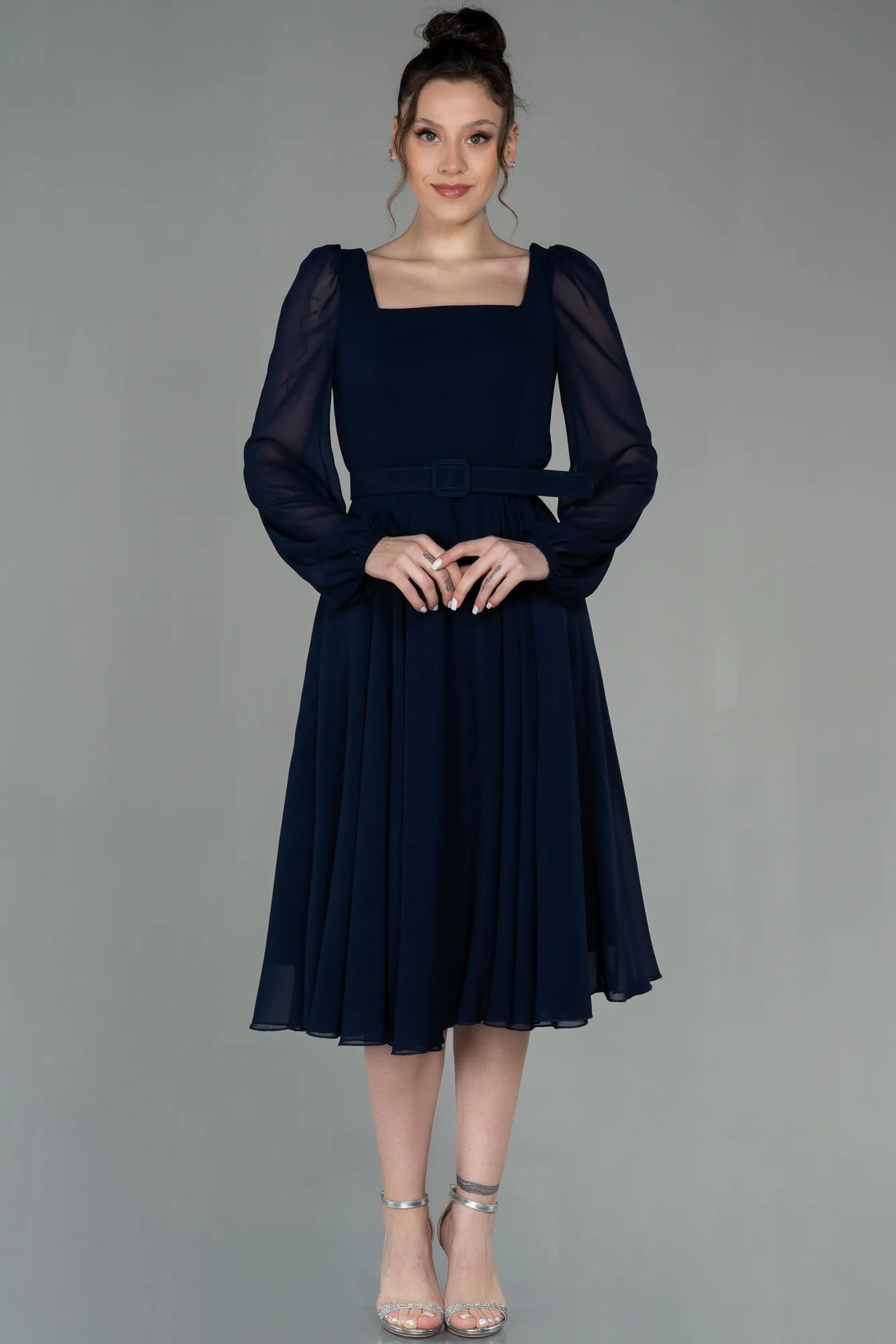 Navy Blue-Midi Chiffon Invitation Dress ABK1441