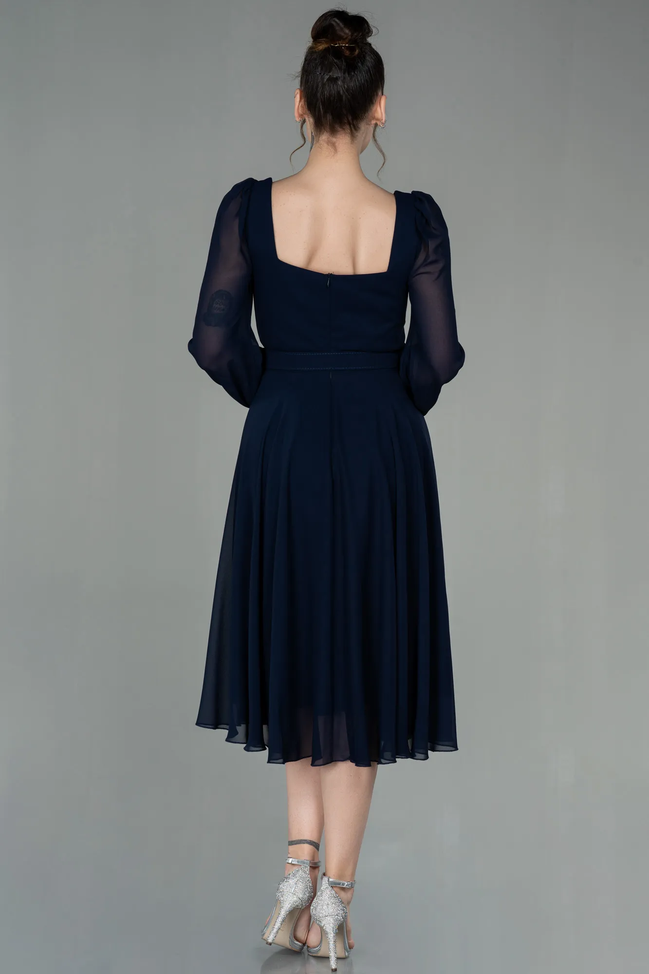 Navy Blue-Midi Chiffon Invitation Dress ABK1441