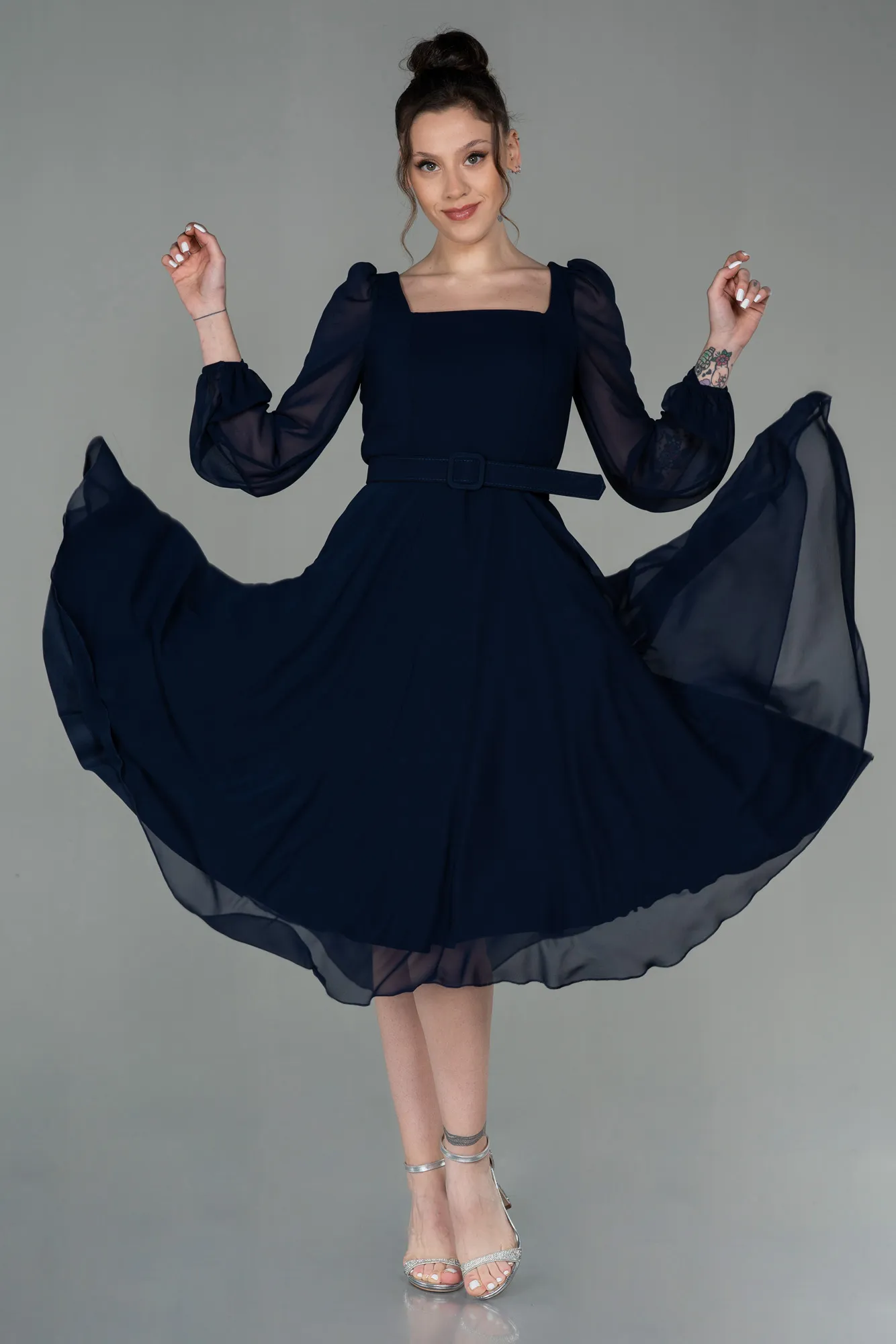 Navy Blue-Midi Chiffon Invitation Dress ABK1441