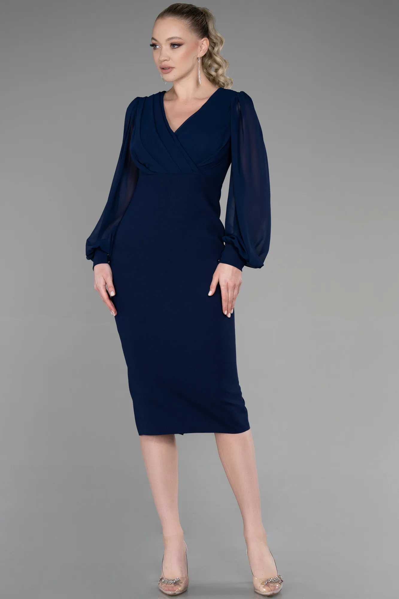 Navy Blue-Midi Chiffon Night Dress ABK1884
