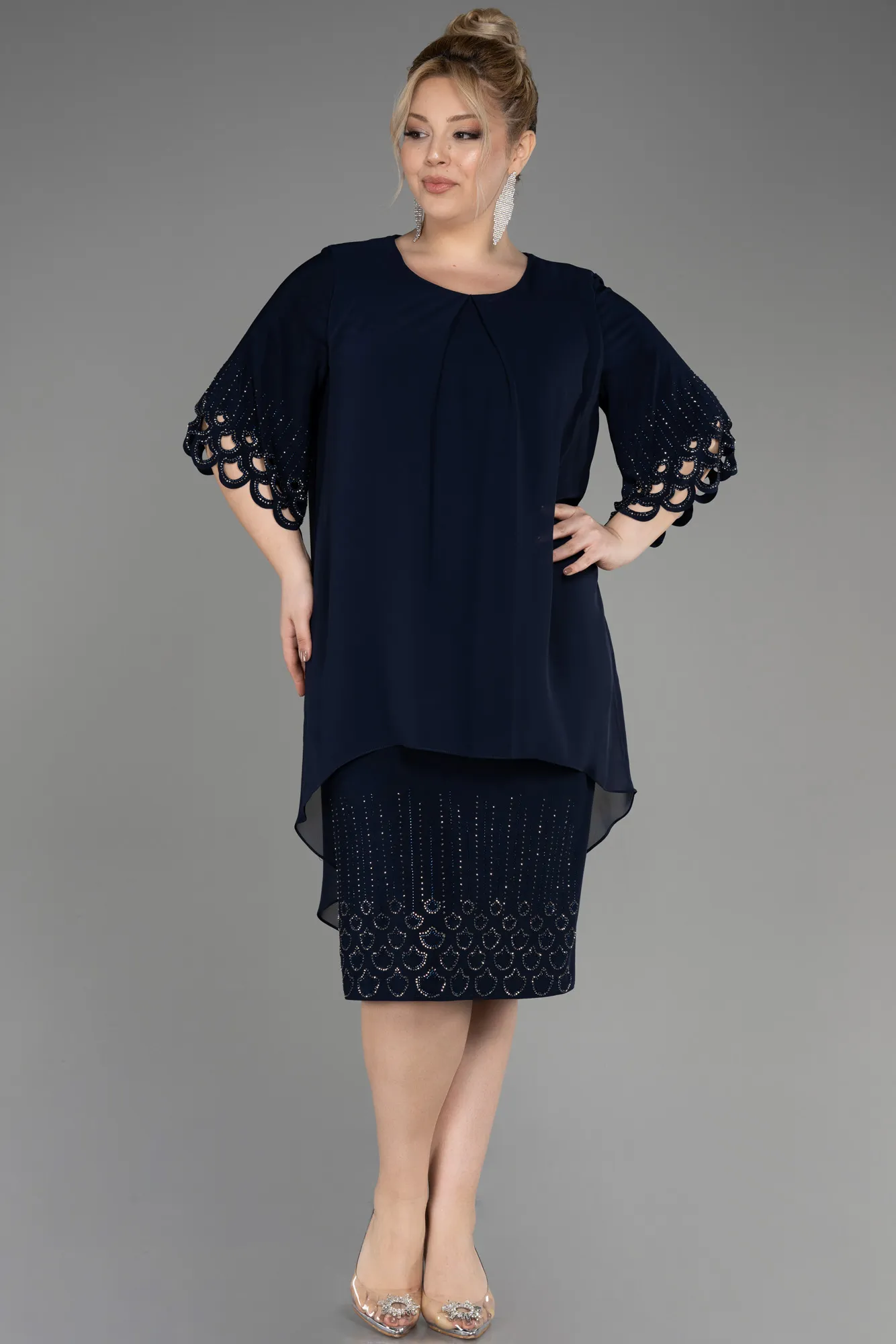 Navy Blue-Midi Chiffon Plus Size Cocktail Dress ABK1943