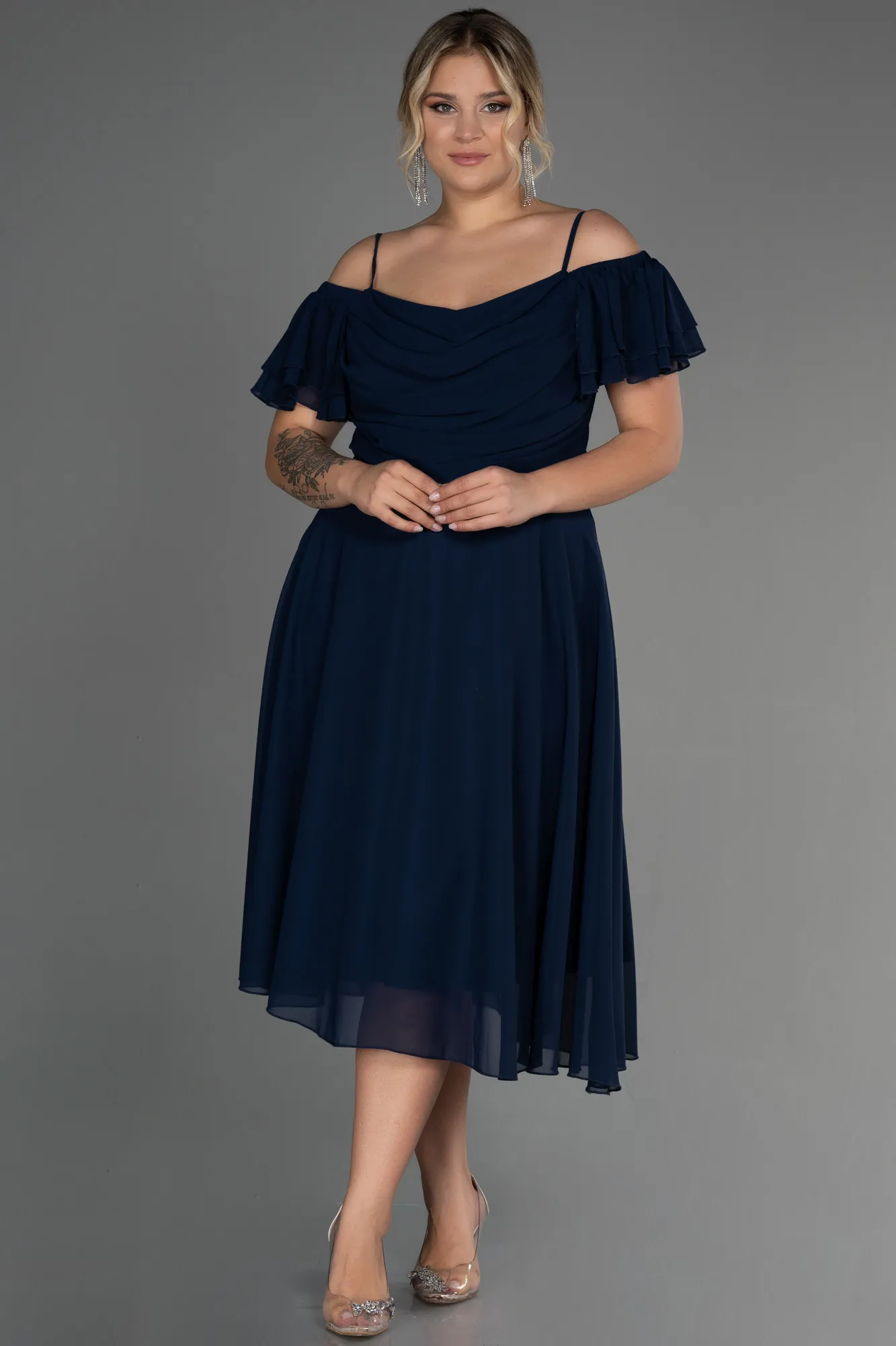 Navy Blue-Midi Chiffon Plus Size Evening Dress ABK1475