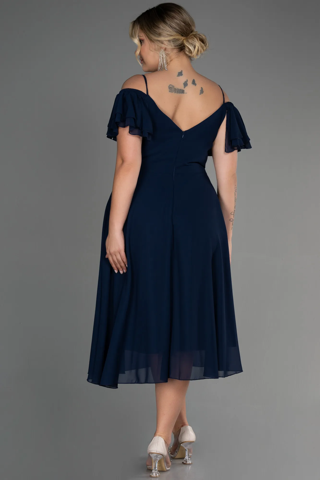 Navy Blue-Midi Chiffon Plus Size Evening Dress ABK1475