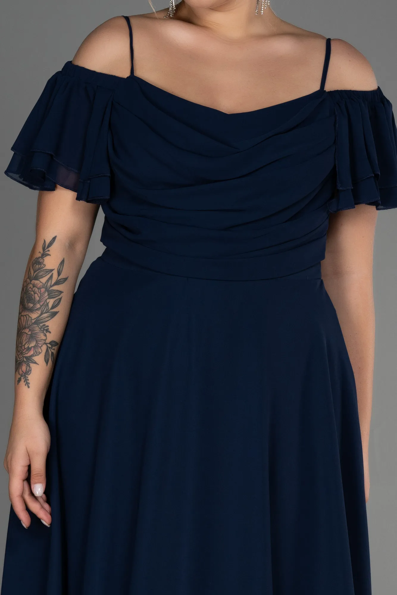 Navy Blue-Midi Chiffon Plus Size Evening Dress ABK1475