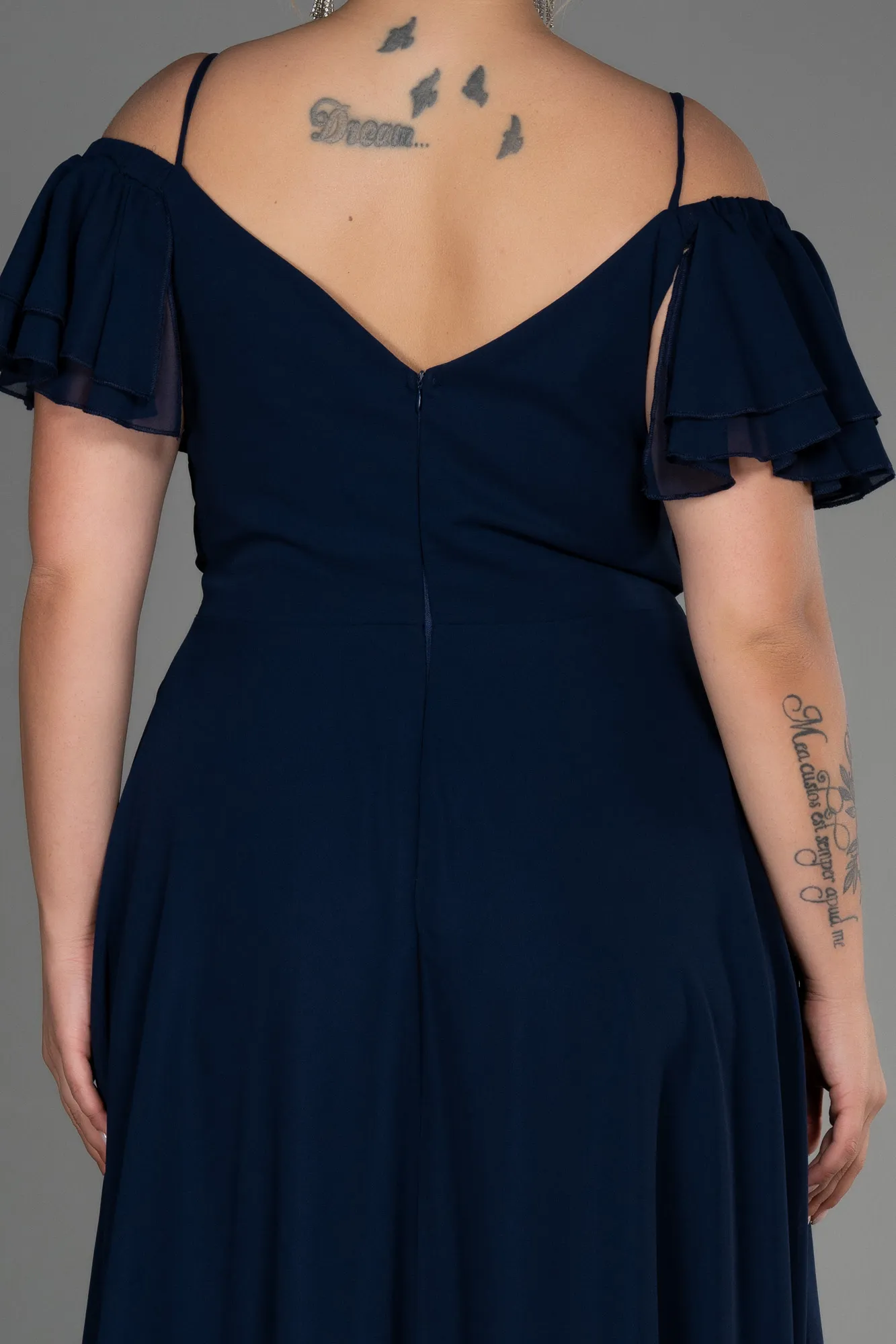 Navy Blue-Midi Chiffon Plus Size Evening Dress ABK1475