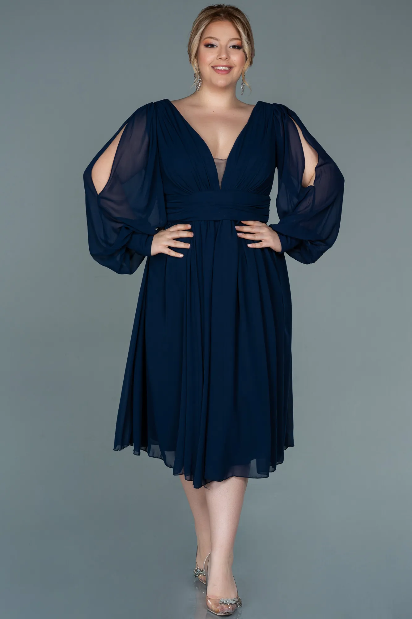Navy Blue-Midi Chiffon Plus Size Evening Dress ABK1565