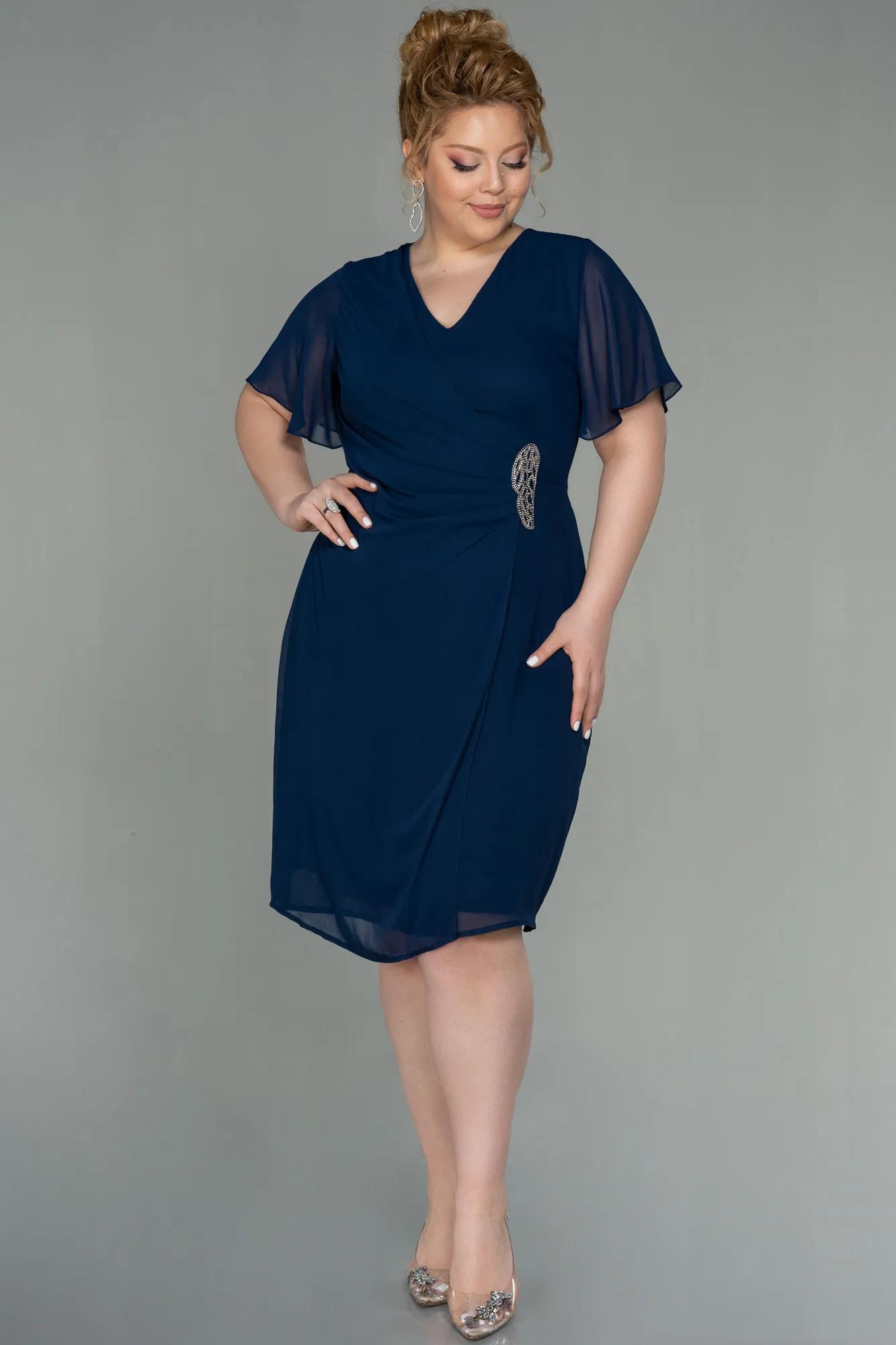 Navy Blue-Midi Chiffon Plus Size Evening Dress ABK1660