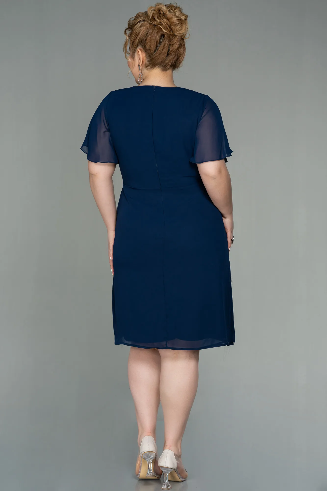 Navy Blue-Midi Chiffon Plus Size Evening Dress ABK1660