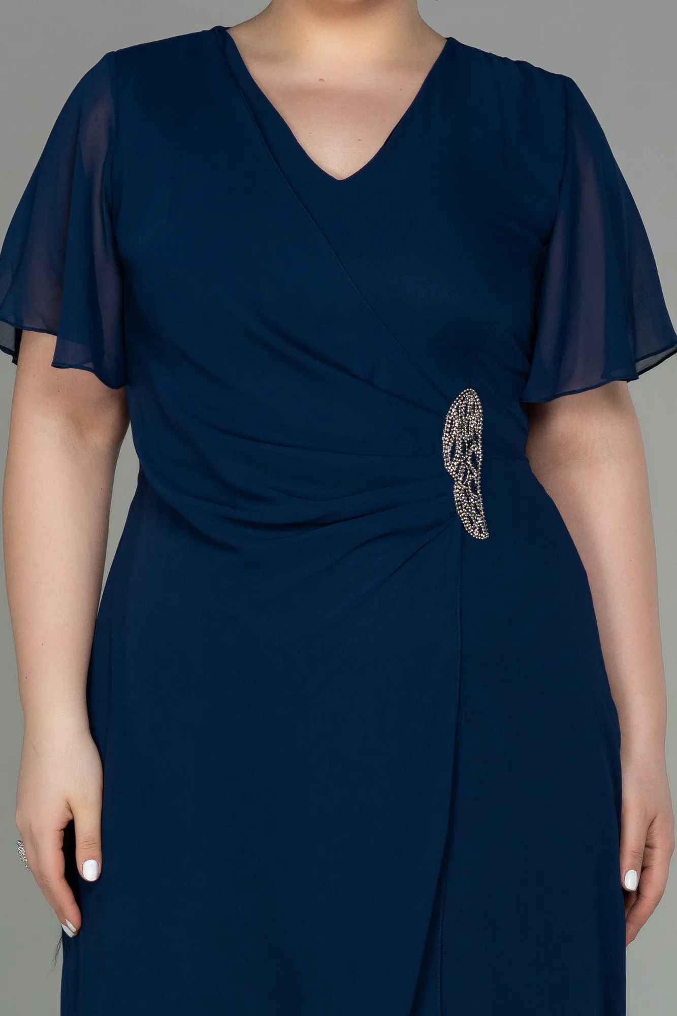 Navy Blue-Midi Chiffon Plus Size Evening Dress ABK1660