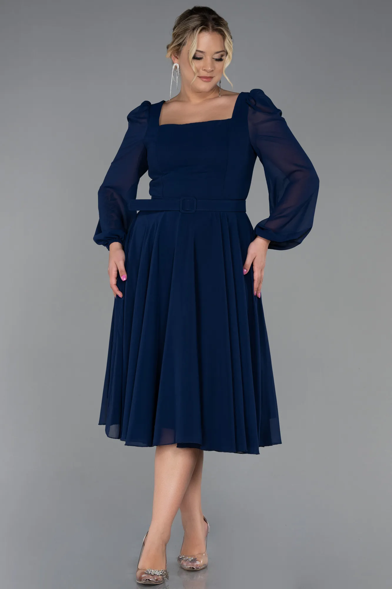 Navy Blue-Midi Chiffon Plus Size Evening Dress ABK1753