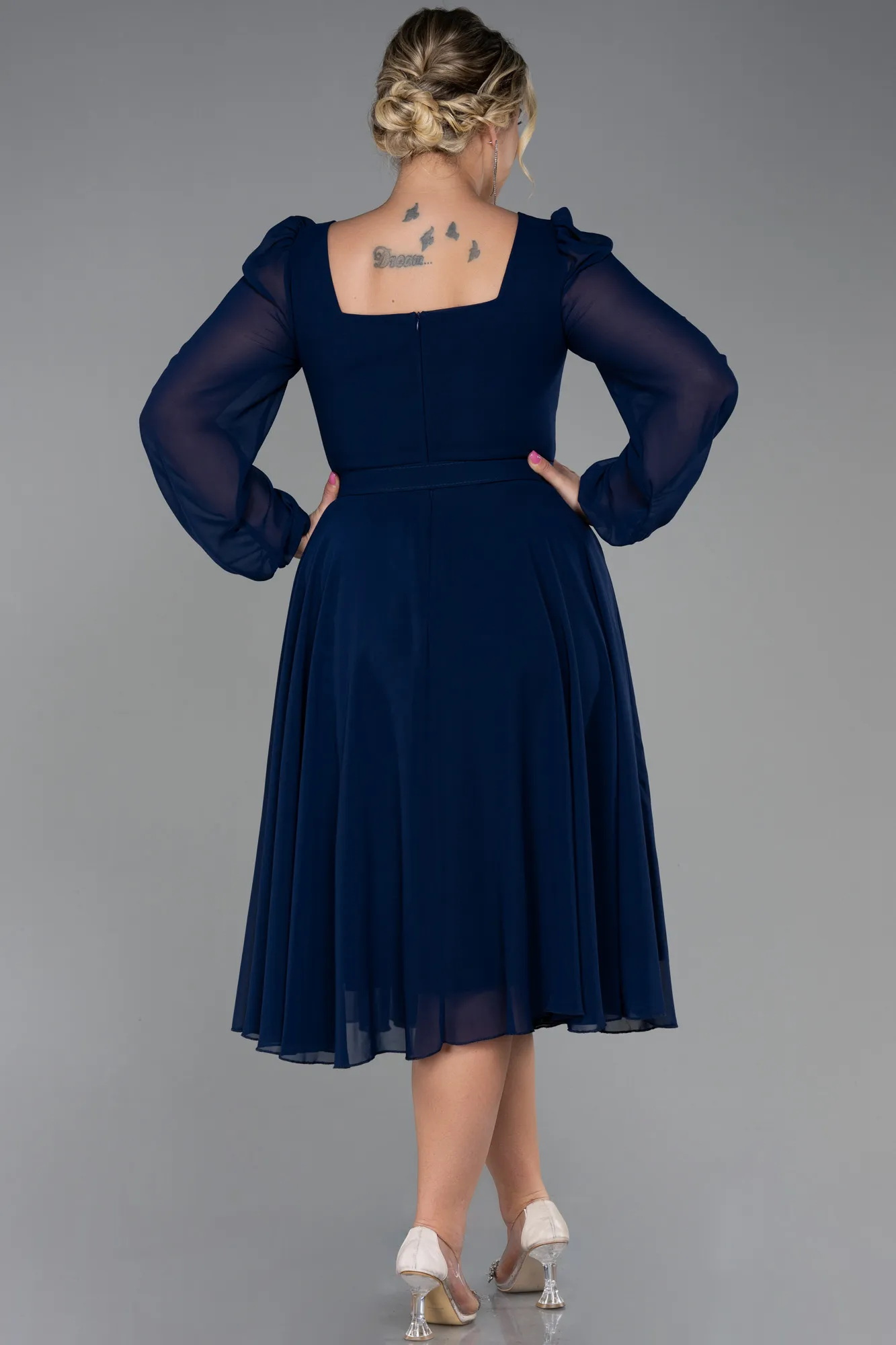 Navy Blue-Midi Chiffon Plus Size Evening Dress ABK1753