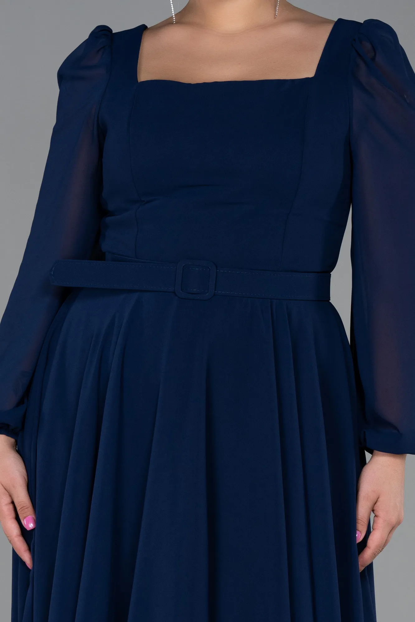 Navy Blue-Midi Chiffon Plus Size Evening Dress ABK1753