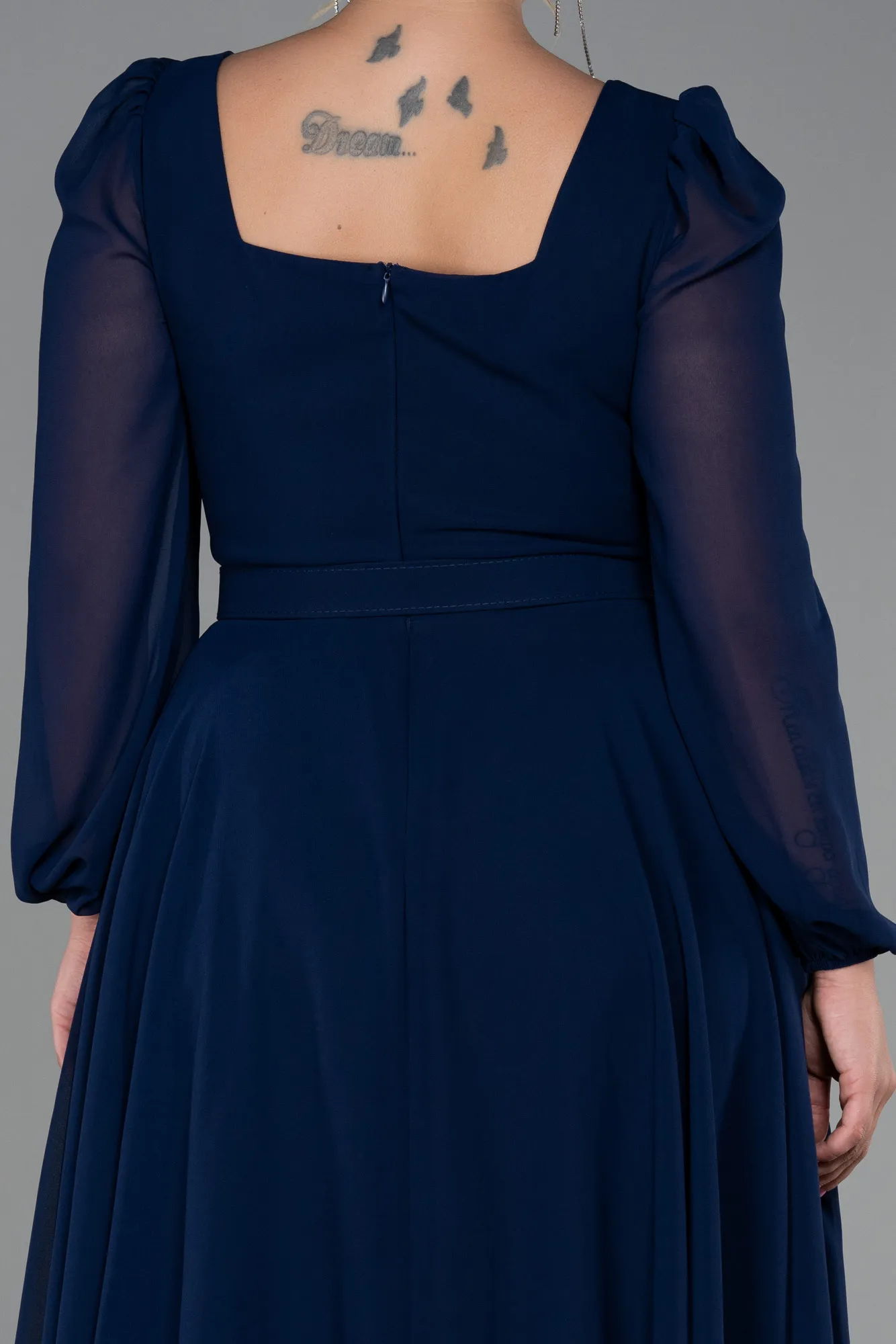 Navy Blue-Midi Chiffon Plus Size Evening Dress ABK1753