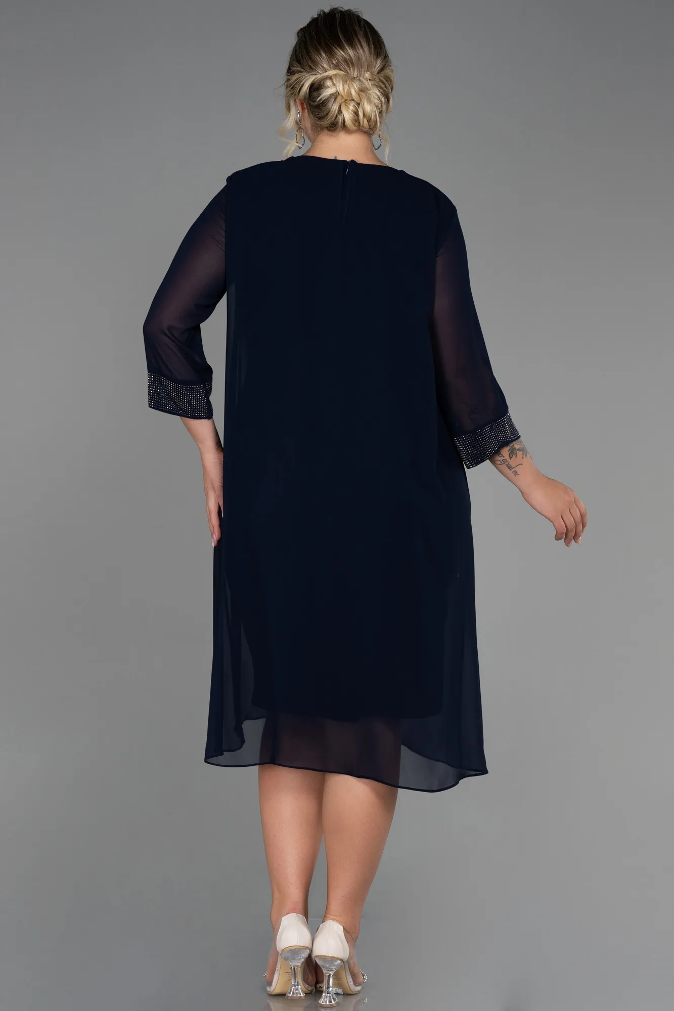 Navy Blue-Midi Chiffon Plus Size Evening Dress ABK1803