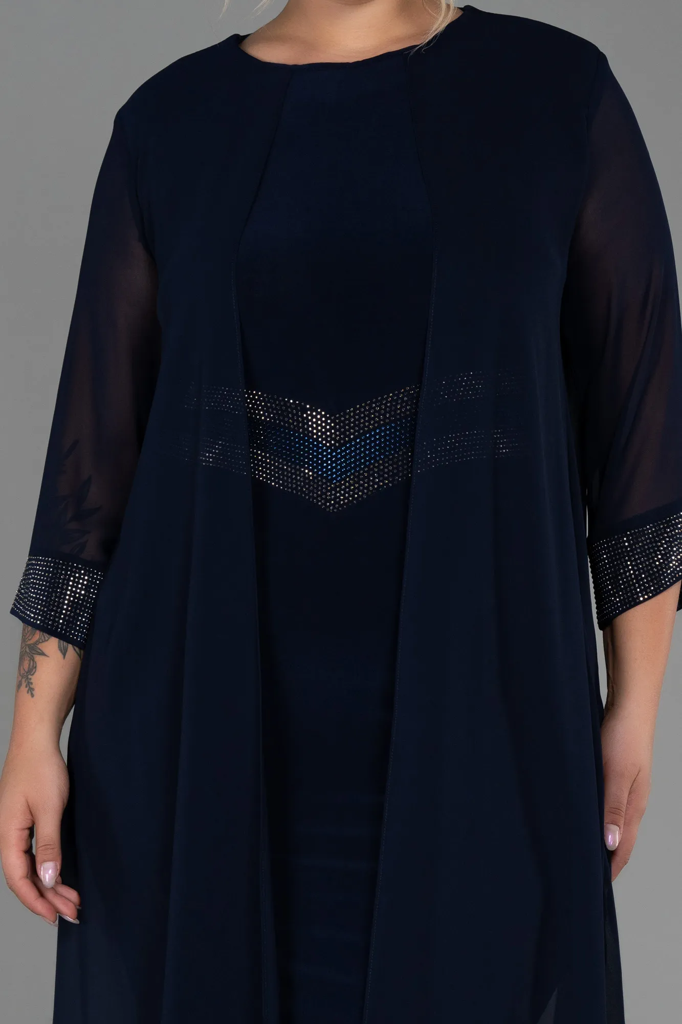 Navy Blue-Midi Chiffon Plus Size Evening Dress ABK1803