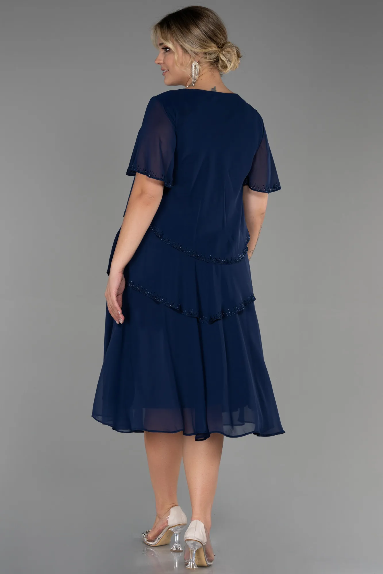 Navy Blue-Midi Chiffon Plus Size Evening Dress ABK1825