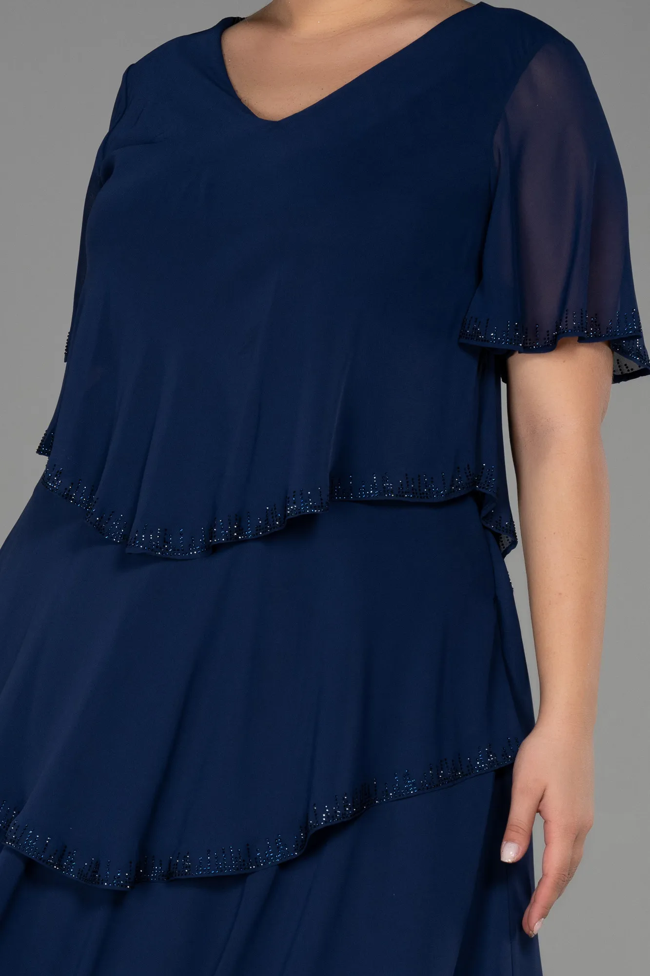 Navy Blue-Midi Chiffon Plus Size Evening Dress ABK1825