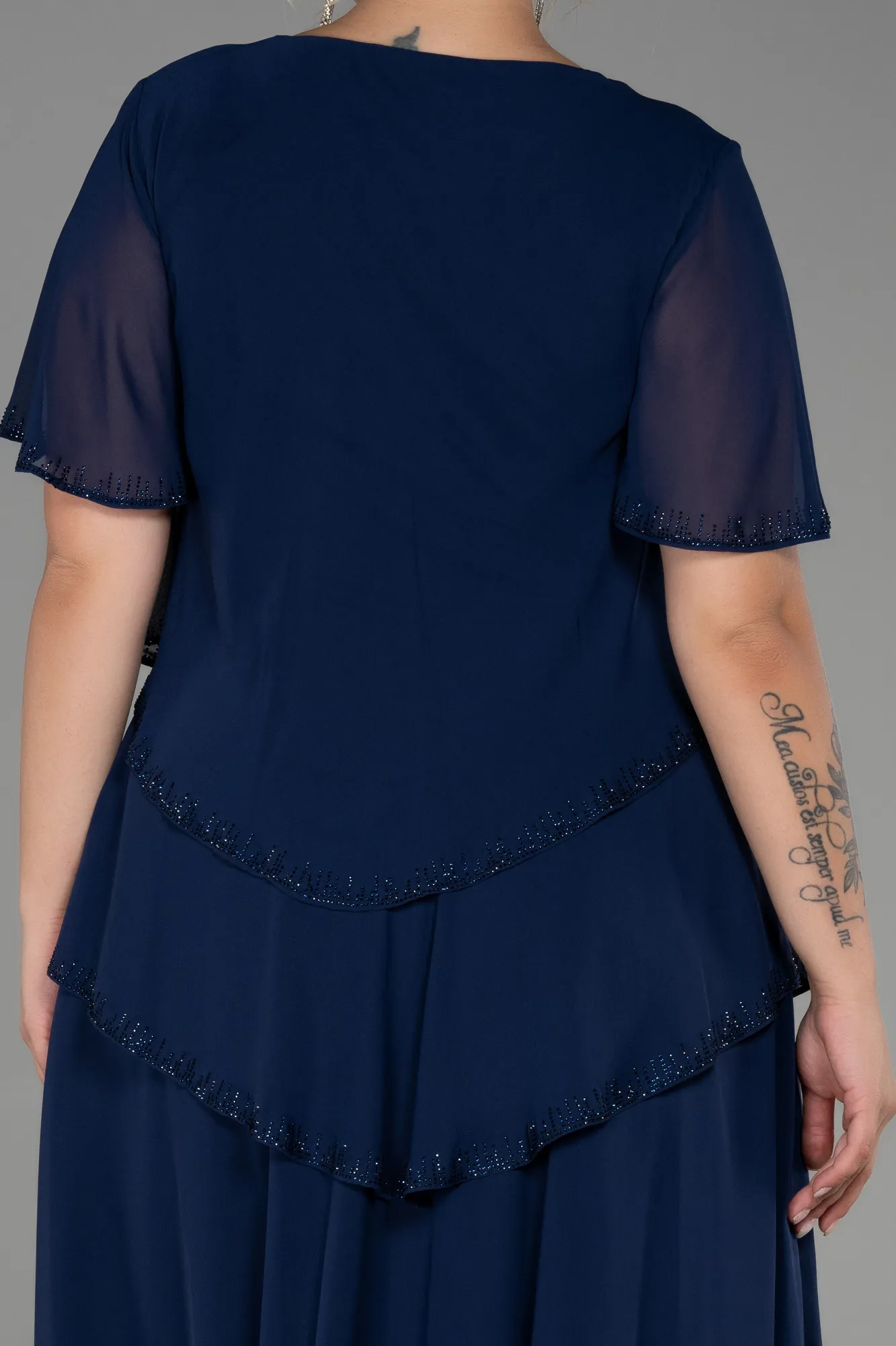 Navy Blue-Midi Chiffon Plus Size Evening Dress ABK1825