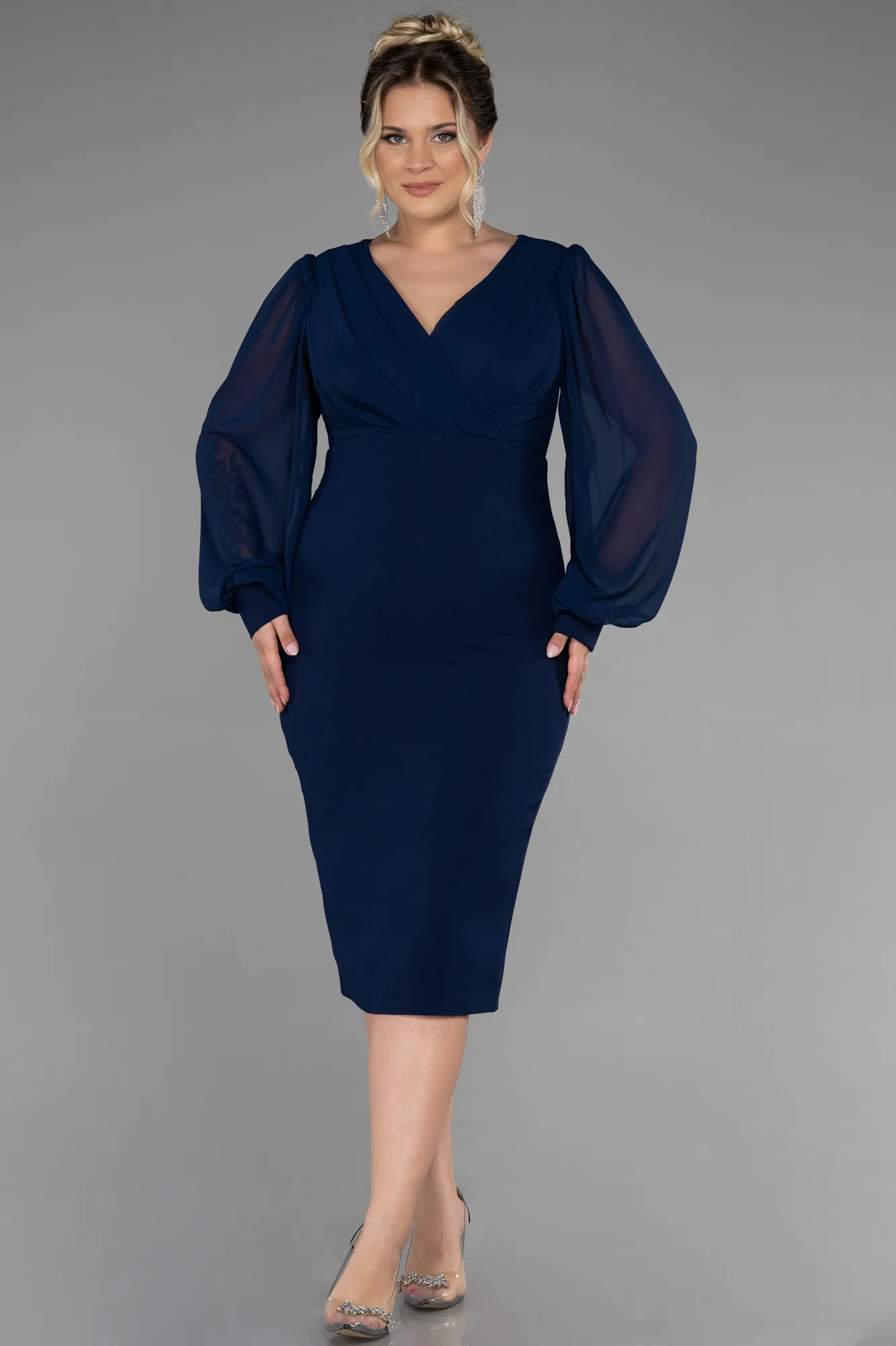 Navy Blue-Midi Chiffon Plus Size Evening Dress ABK1885