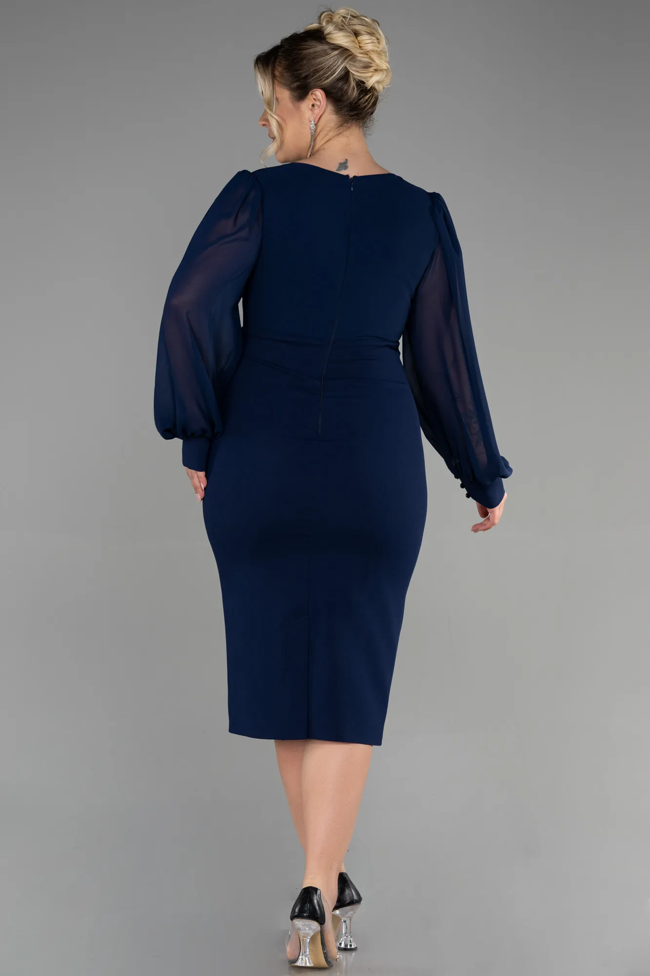 Navy Blue-Midi Chiffon Plus Size Evening Dress ABK1885