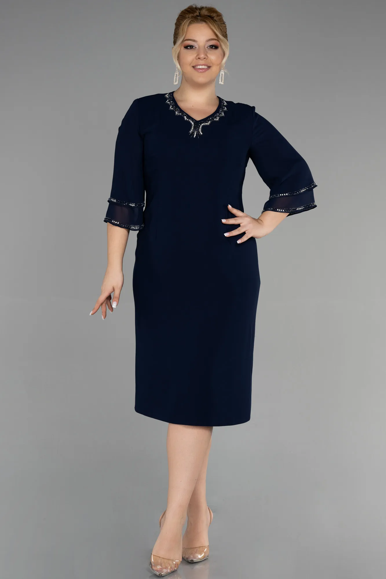 Navy Blue-Midi Chiffon Plus Size Evening Dress ABK1907