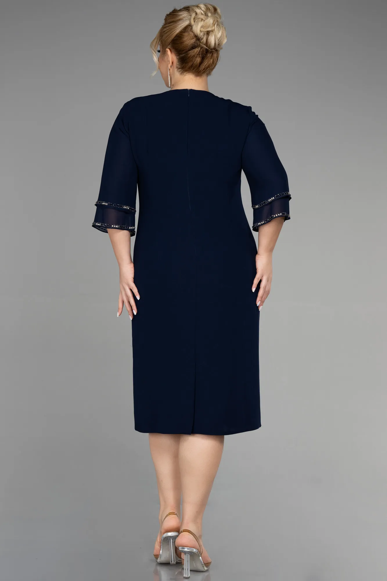 Navy Blue-Midi Chiffon Plus Size Evening Dress ABK1907
