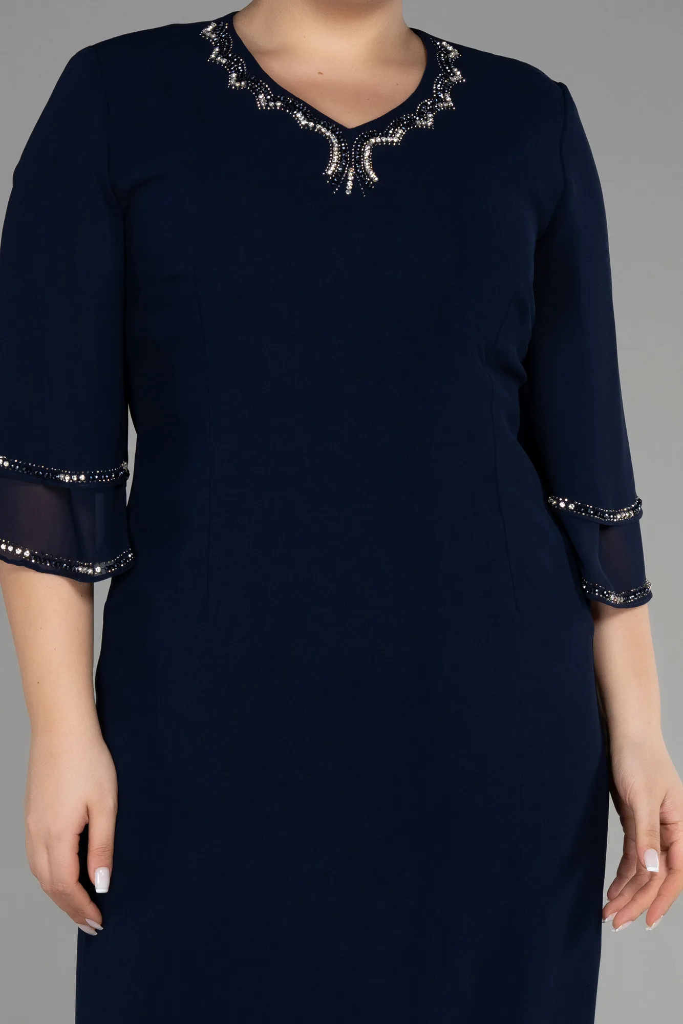 Navy Blue-Midi Chiffon Plus Size Evening Dress ABK1907