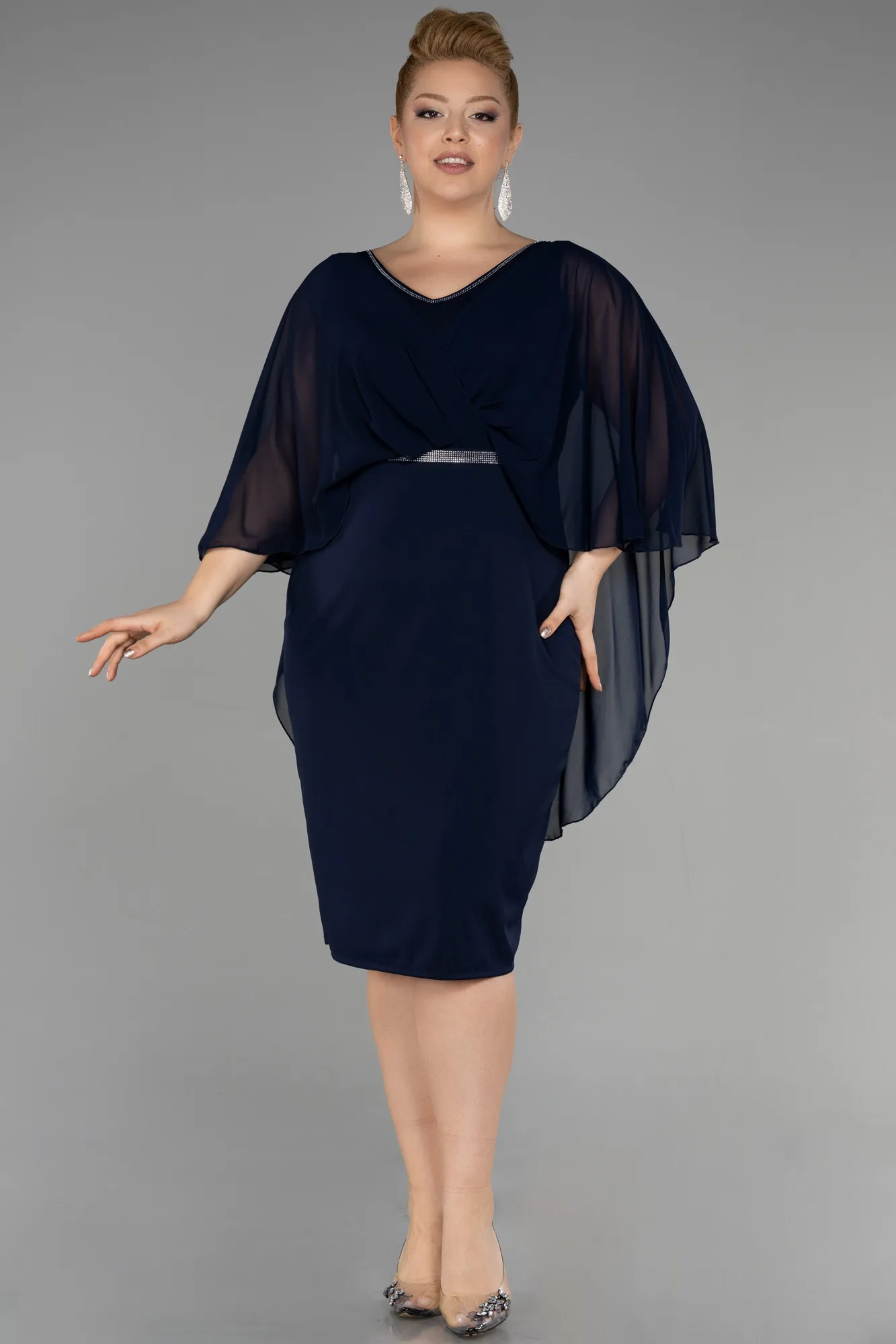 Navy Blue-Midi Chiffon Plus Size Evening Dress ABK1924