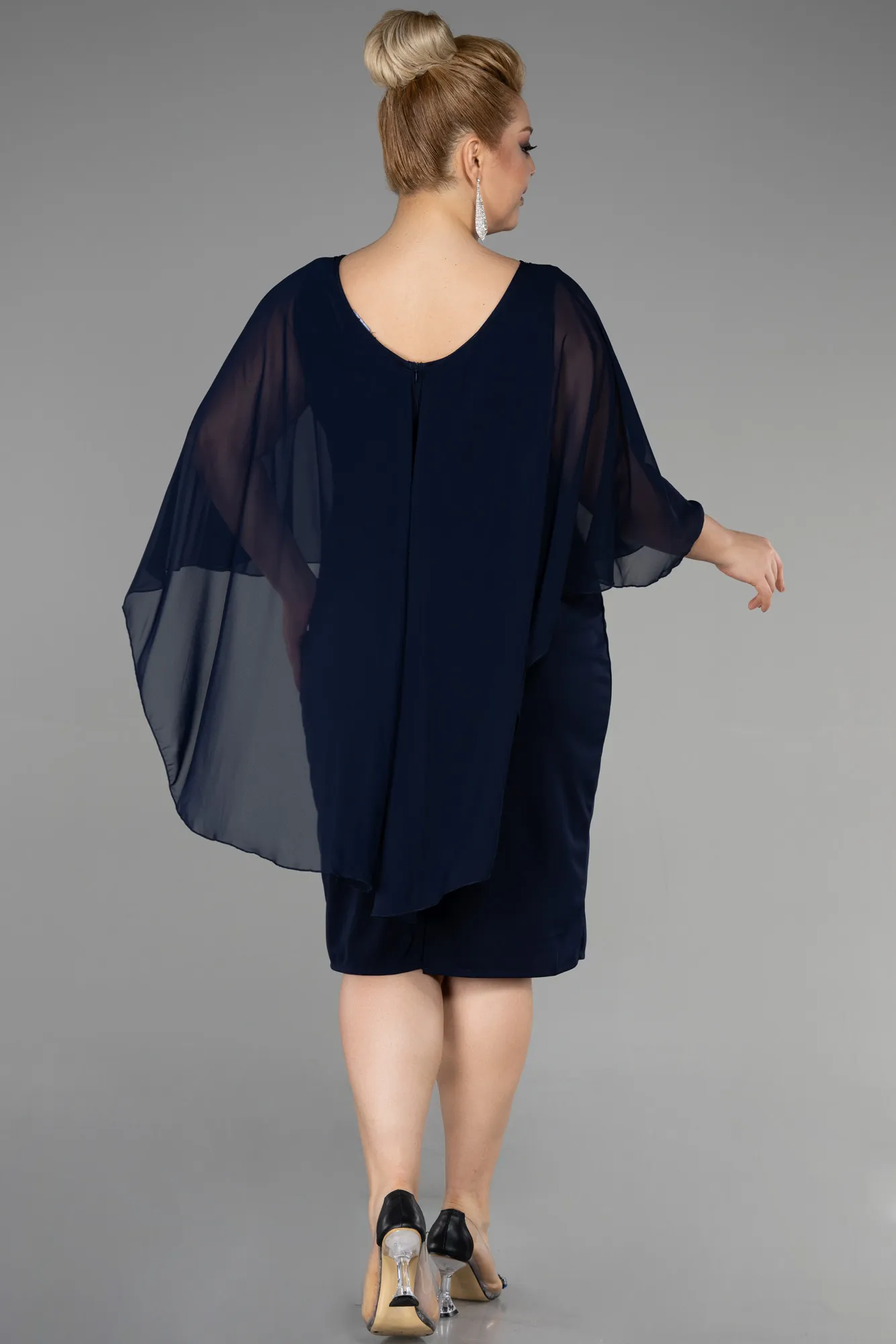Navy Blue-Midi Chiffon Plus Size Evening Dress ABK1924