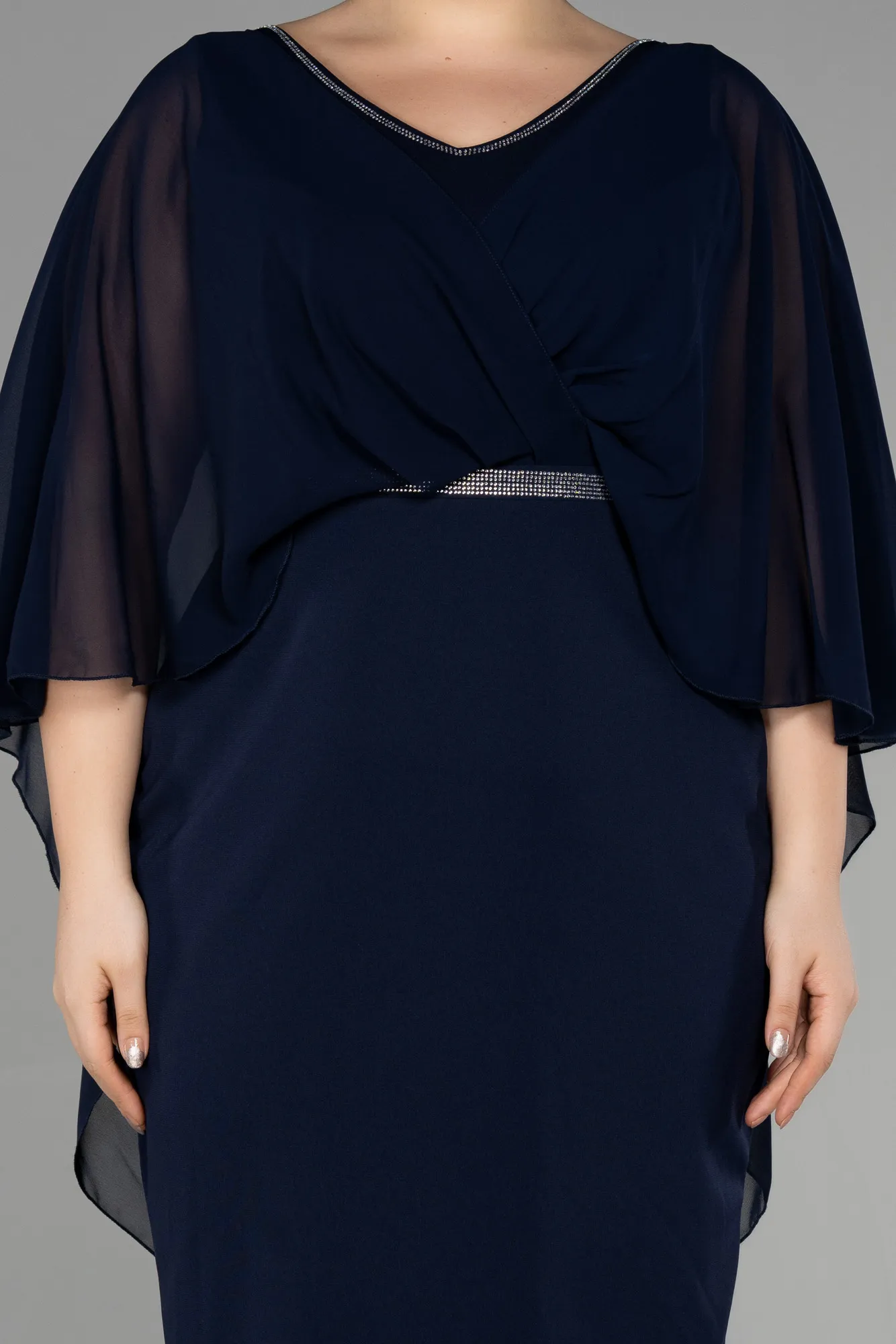 Navy Blue-Midi Chiffon Plus Size Evening Dress ABK1924