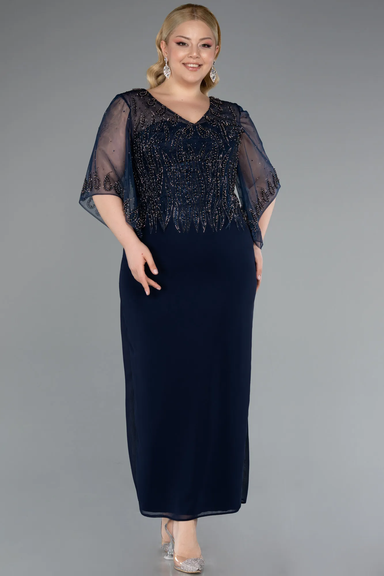 Navy Blue-Midi Chiffon Plus Size Evening Dress ABK2333