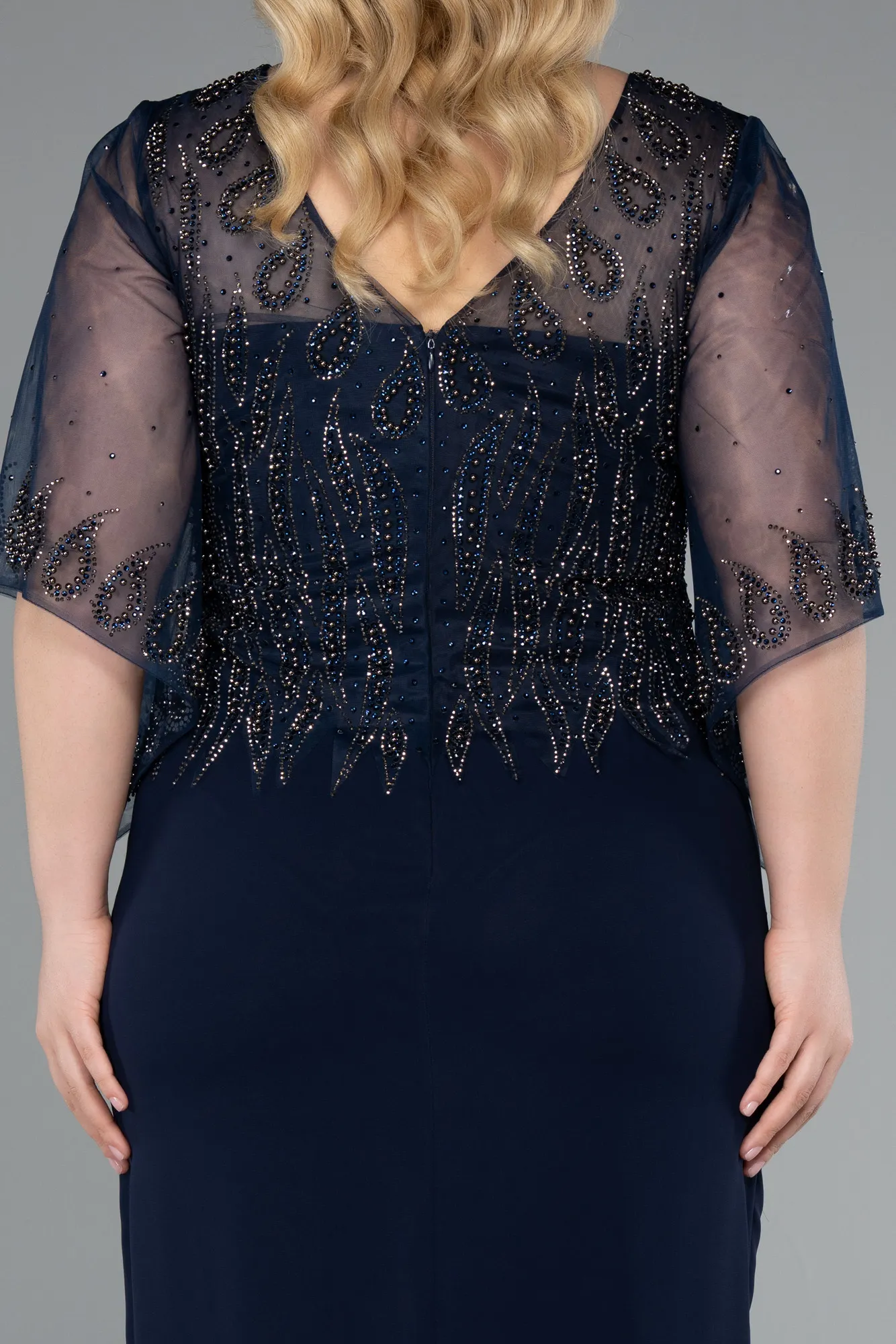 Navy Blue-Midi Chiffon Plus Size Evening Dress ABK2333