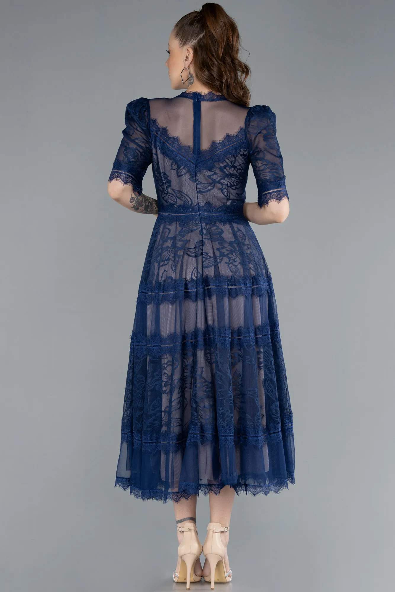 Navy Blue-Midi Dantelle Night Dress ABK1388
