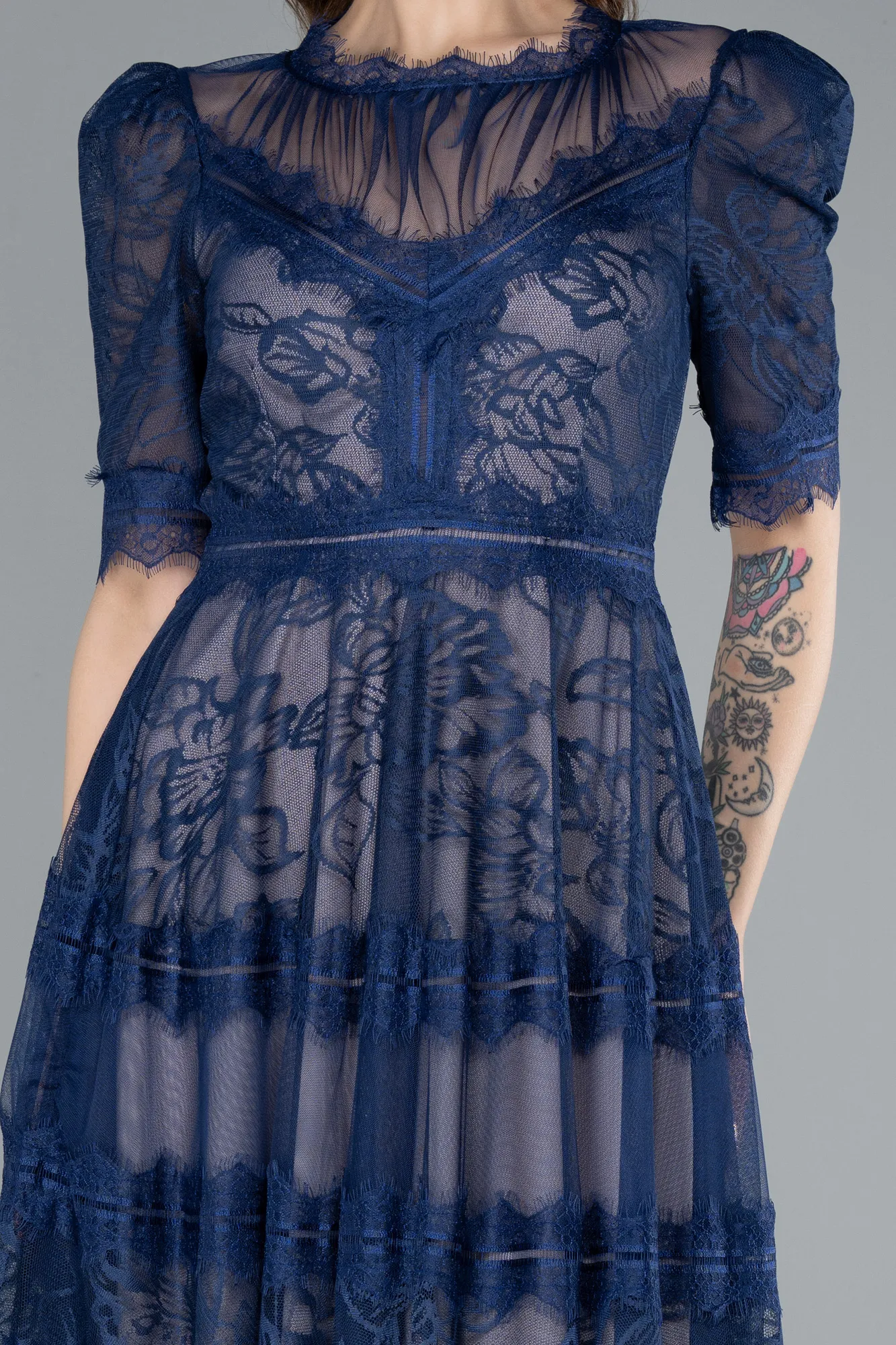 Navy Blue-Midi Dantelle Night Dress ABK1388